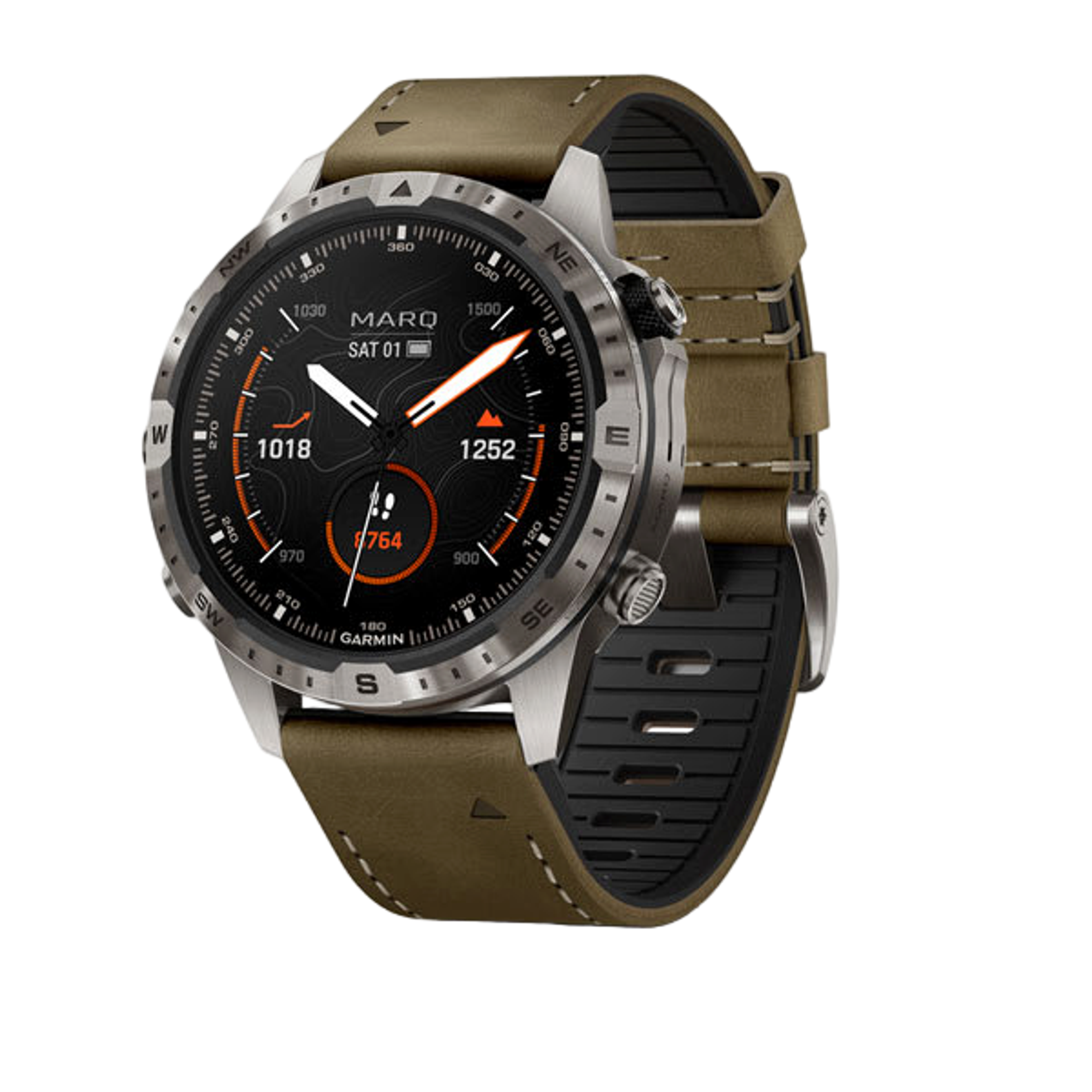 Garmin MARQ Adventurer Gen 2 smartwatch with dark dial and orange accents