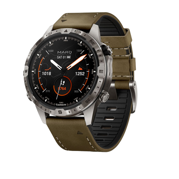 Garmin MARQ Adventurer Gen 2 smartwatch with dark dial and orange accents