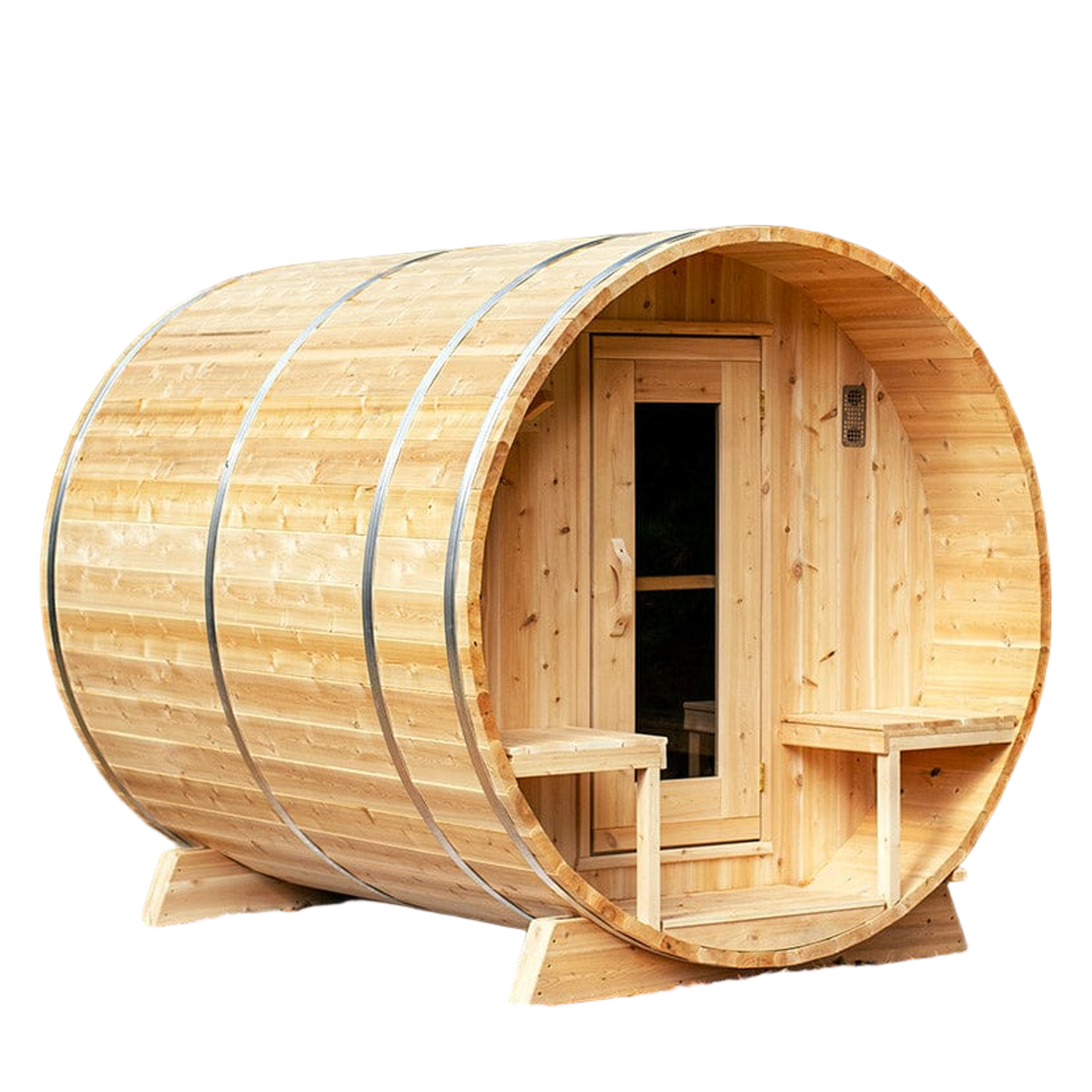 White cedar barrel sauna exterior view