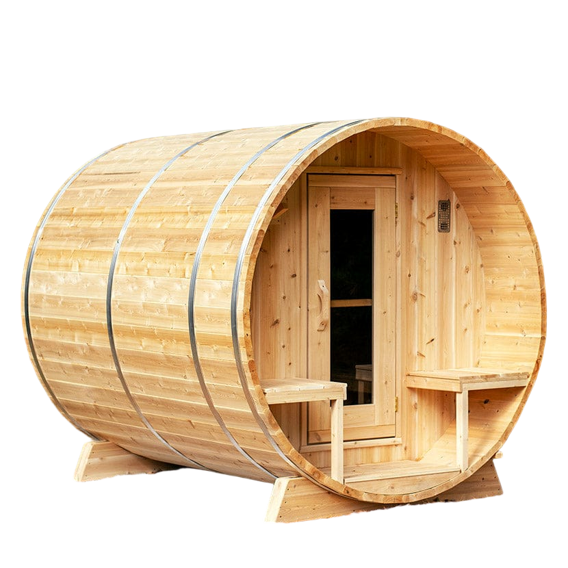 White cedar barrel sauna exterior view