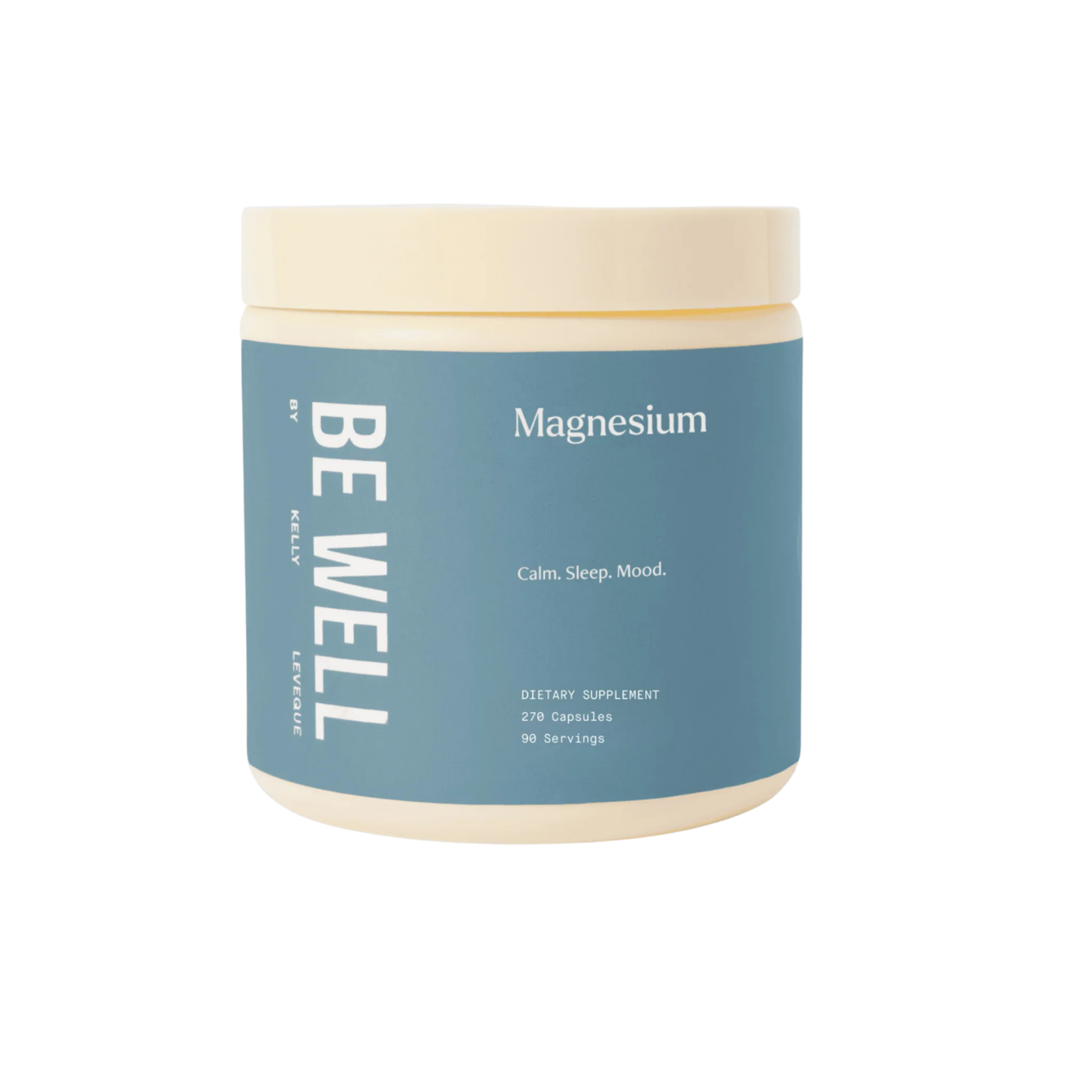 A light blue jar of Be Well by Kelly LeVeque Magnesium supplement.
