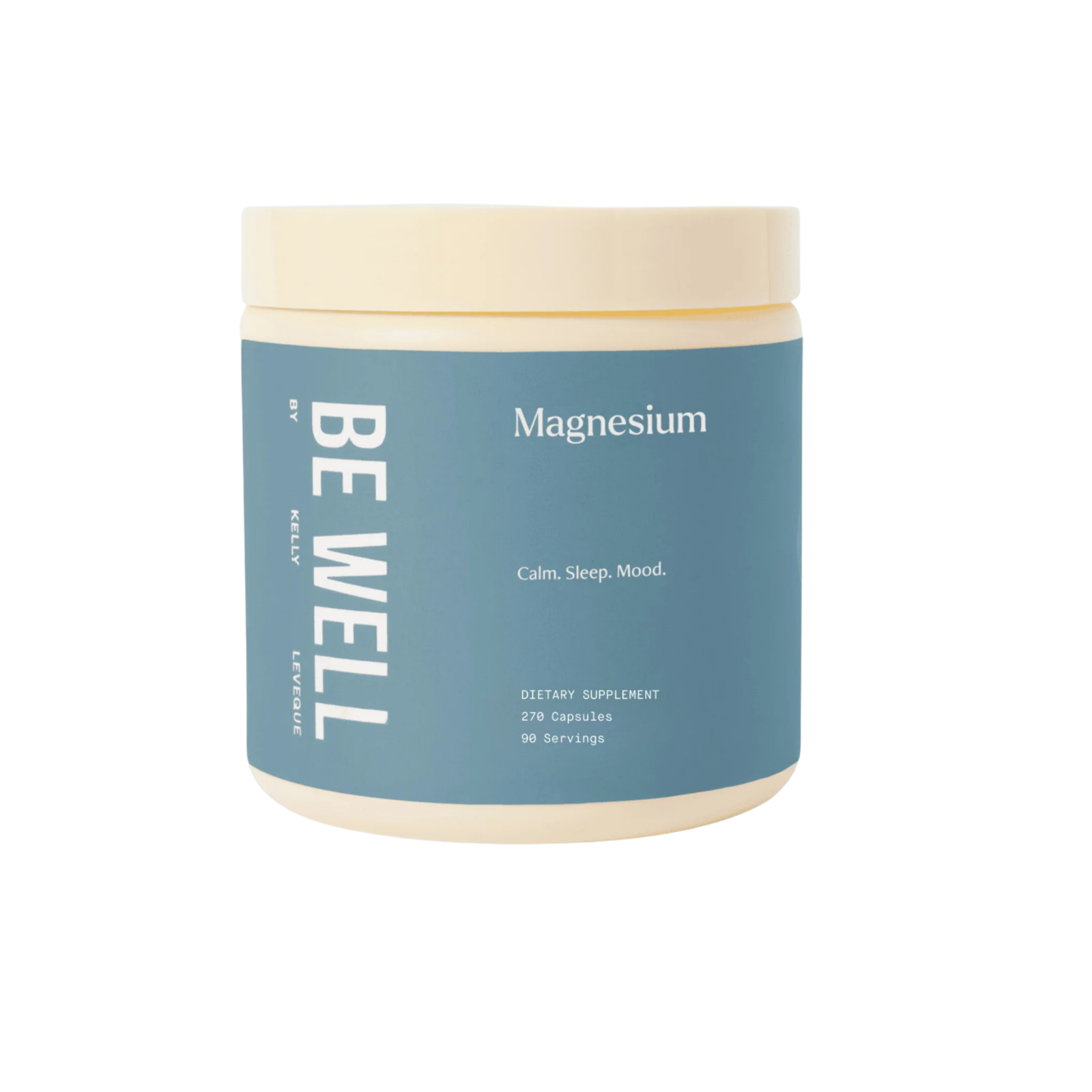 A light blue jar of Be Well by Kelly LeVeque Magnesium supplement.