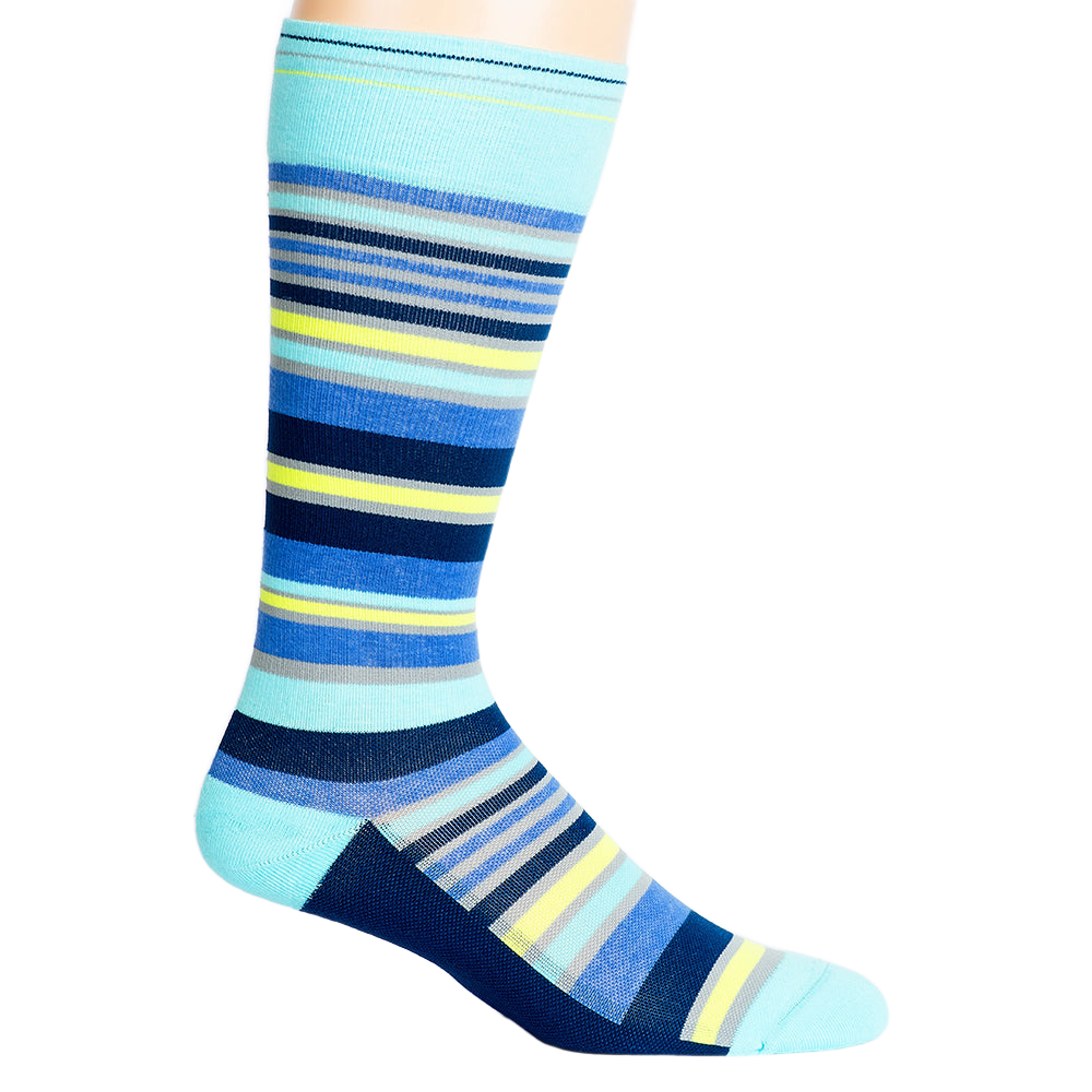 Blue, navy, grey, and yellow striped sock on a mannequin.