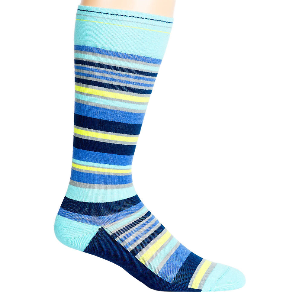 Blue, navy, grey, and yellow striped sock on a mannequin.