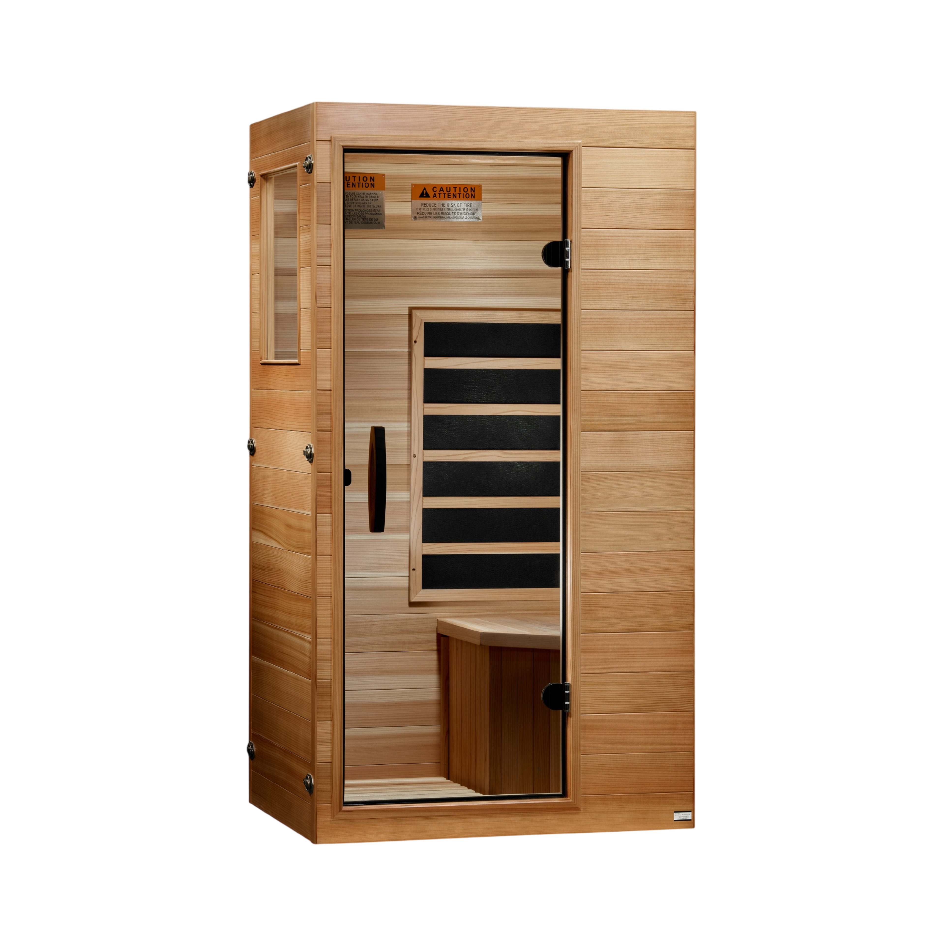 A light wood infrared sauna cabin with a glass door, interior heating panels, and a bench.