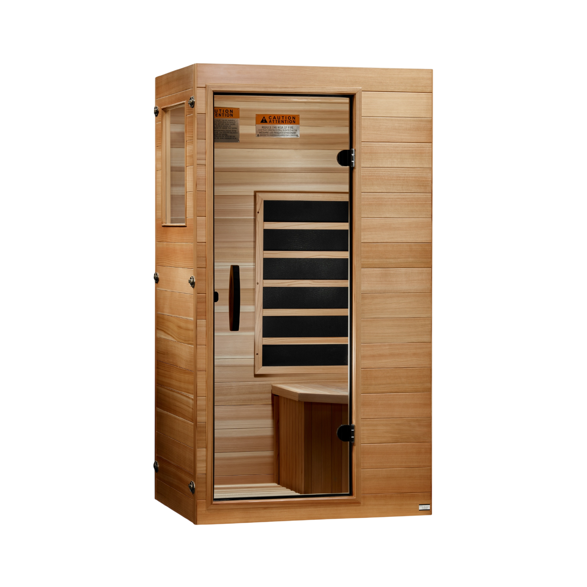 A light wood infrared sauna cabin with a glass door, interior heating panels, and a bench.