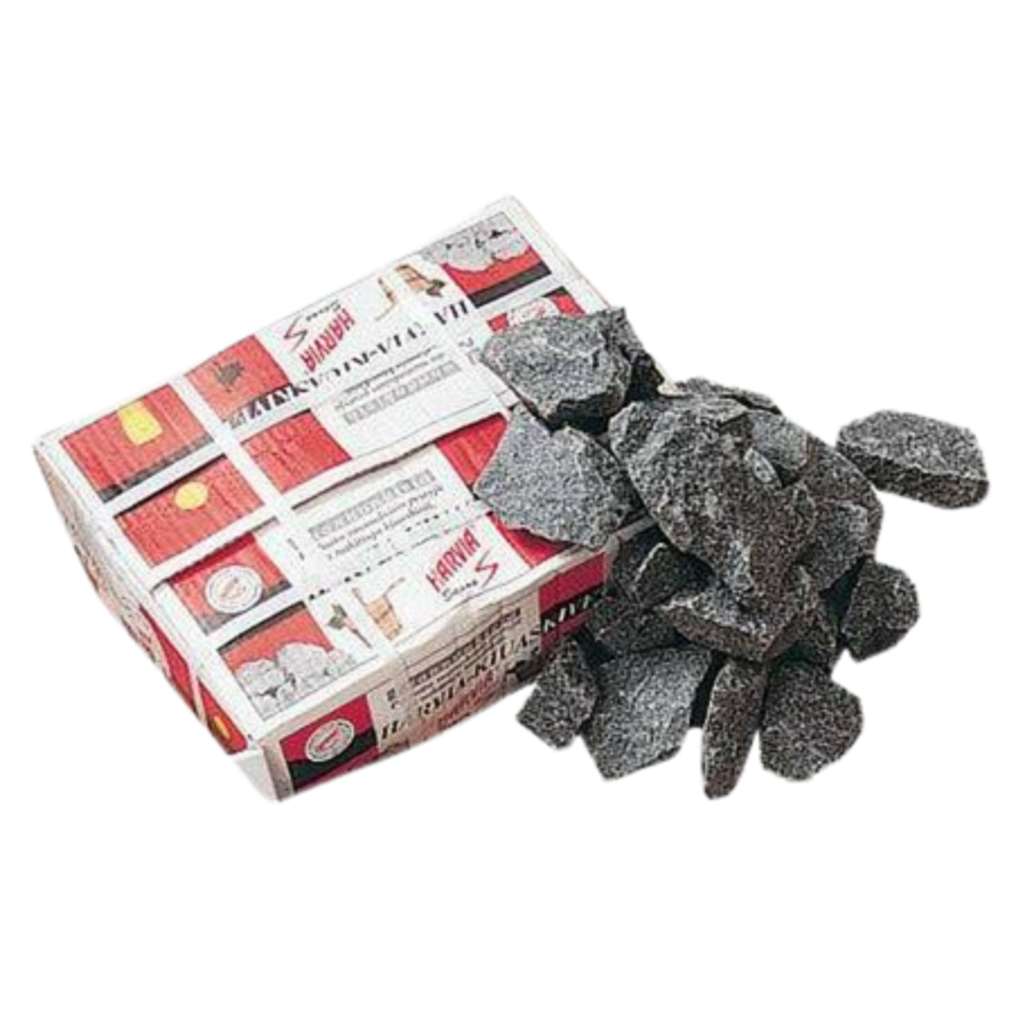 A box of Harvia sauna rocks with some dark grey, jagged rocks spilled out beside it.