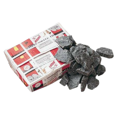 A box of Harvia sauna rocks with some dark grey, jagged rocks spilled out beside it.