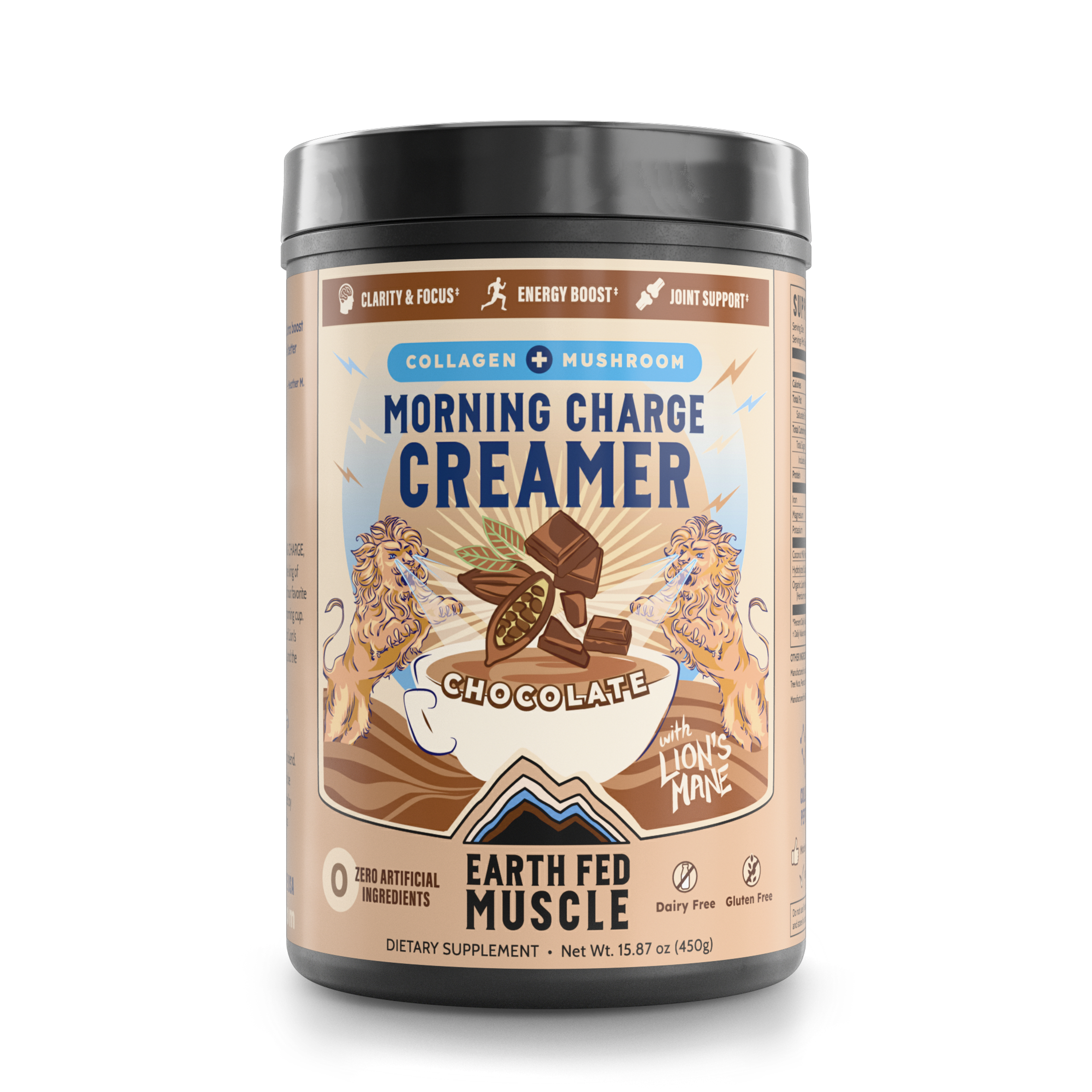 Bag of Morning Charge chocolate supernutrient creamer with cup