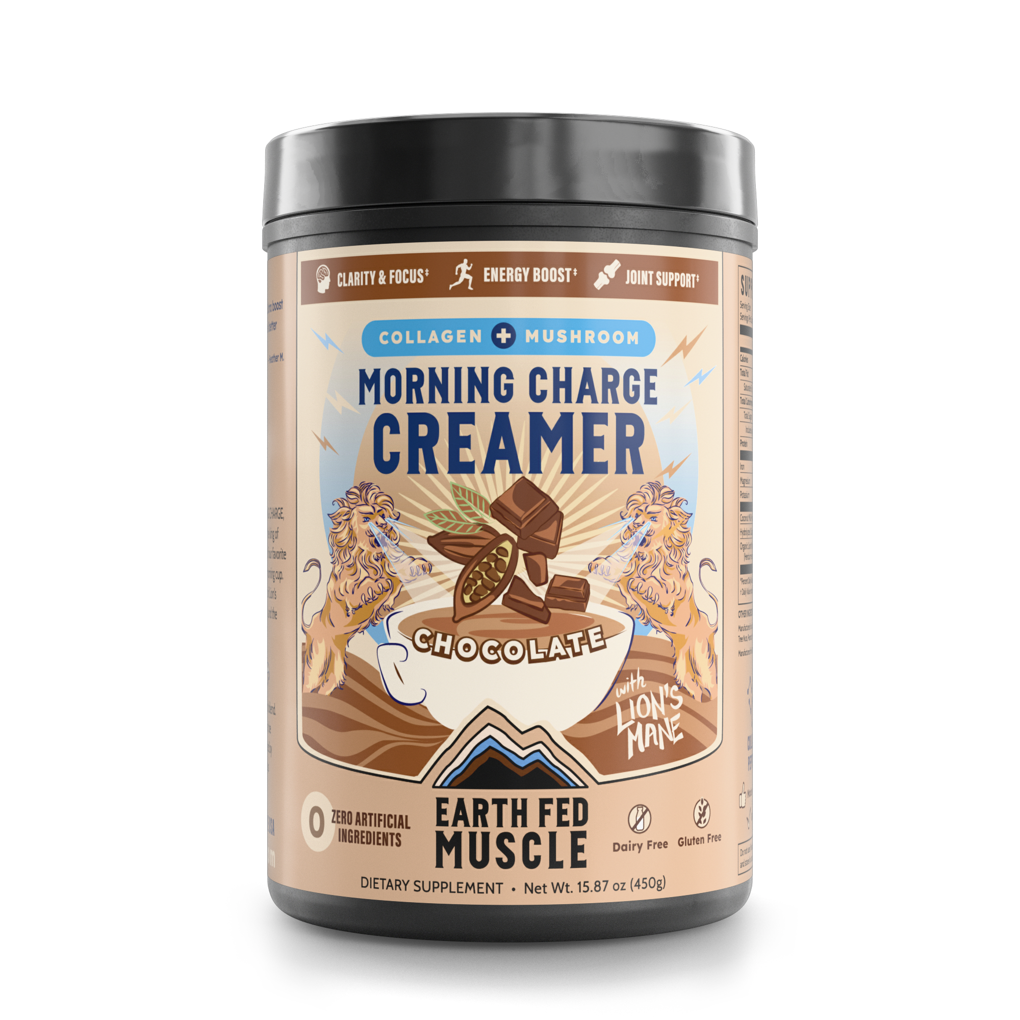 Bag of Morning Charge chocolate supernutrient creamer with cup