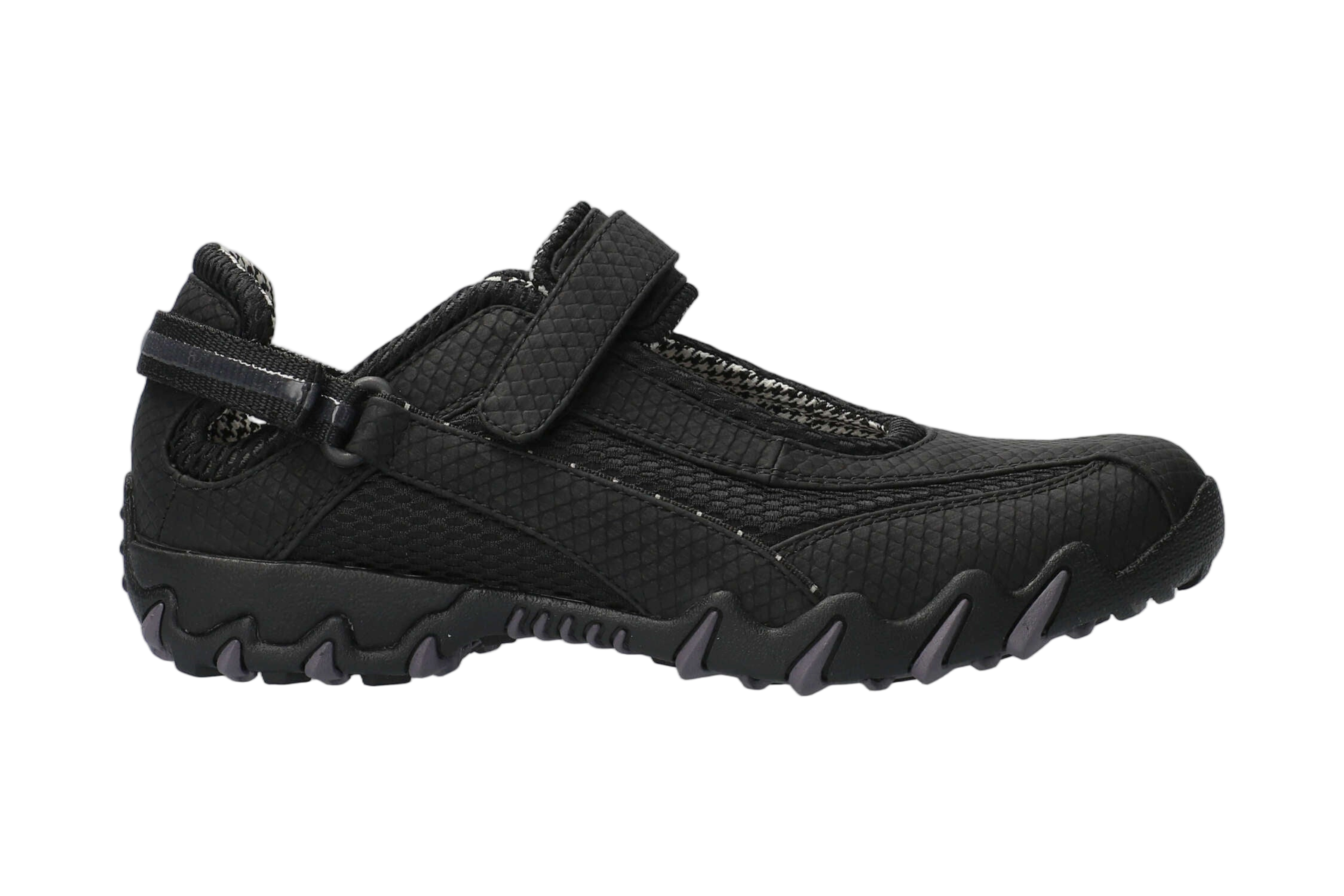 Black cornsnake-textured shoe with adjustable strap, side view