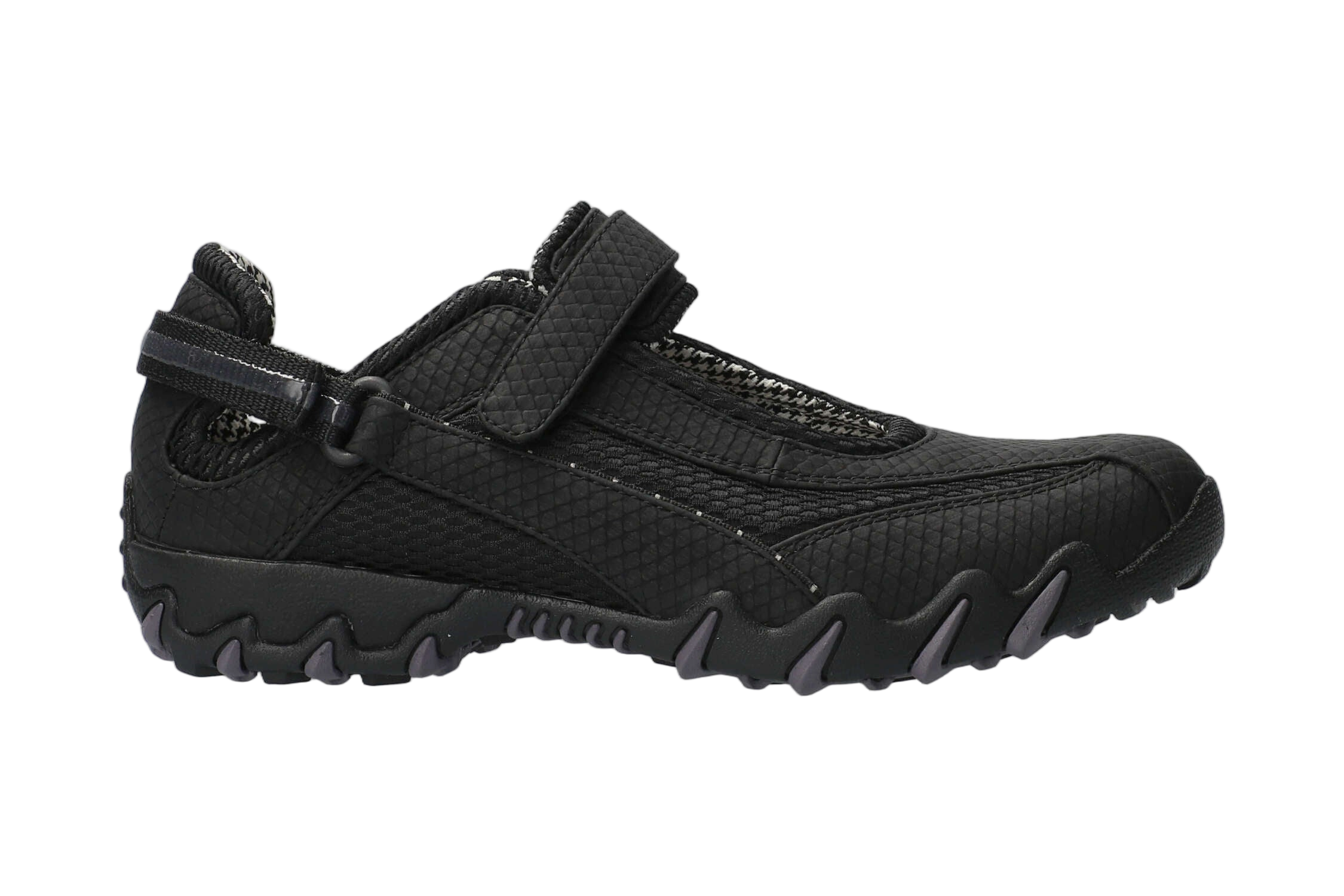 Black cornsnake-textured shoe with adjustable strap, side view