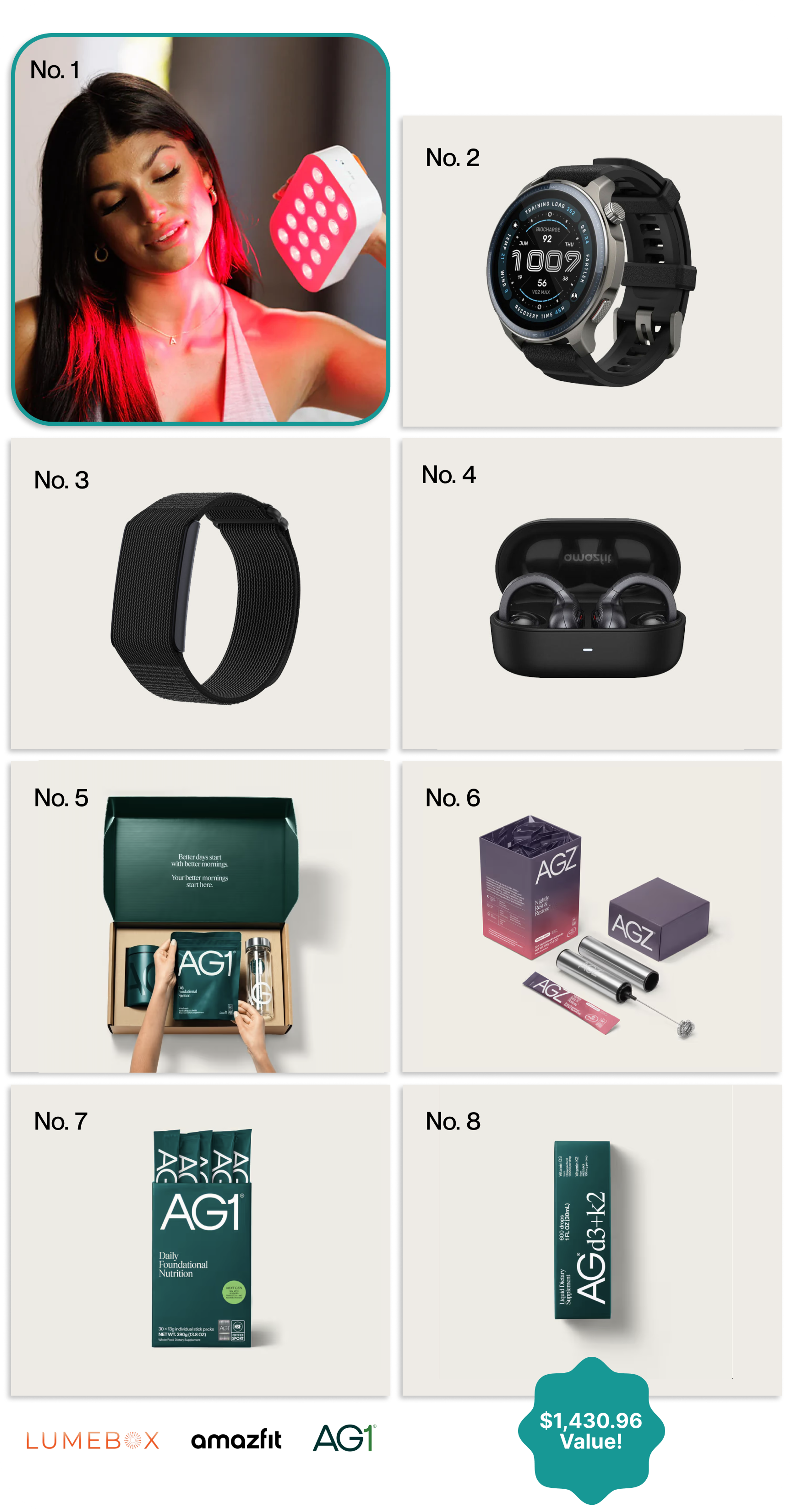 No.1: LUMEBOX 2.0, No.2: Amazfit Balance 2, No.3: Amazfit Helio Strap, No.4: Amazfit Up Earbuds, No. 5: AG1 Welcome Kit + Sub Box with Pouch, No. 6: AG1 AGZ 30ct and frother (flavor of choice),No. 7: AG1 30ct Travel Pack, No. 8: AG1 D3K2 (flavor of choice)