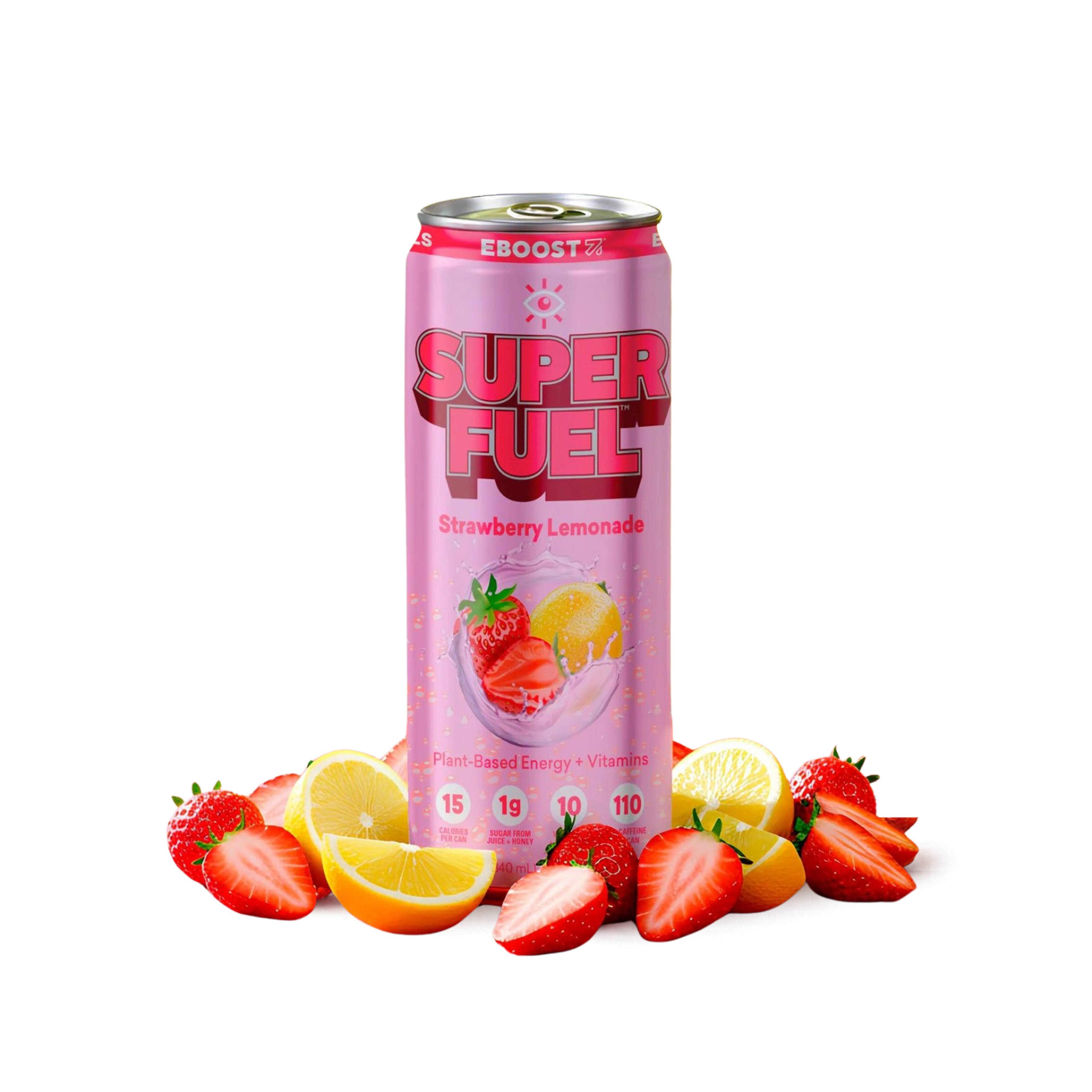 Pink EBOOST SUPER FUEL Strawberry Lemonade energy drink can surrounded by fresh strawberries and lemon slices.