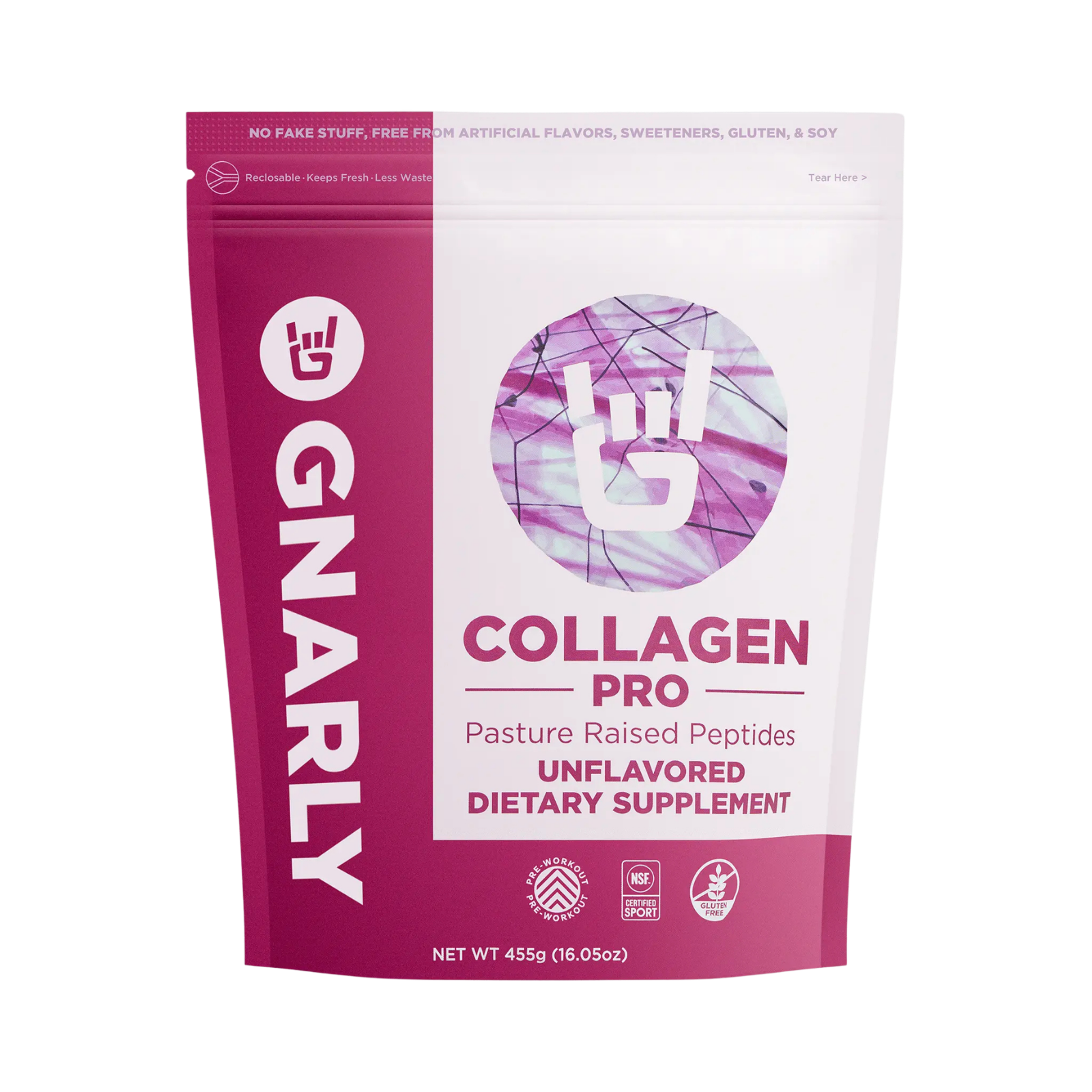Gnarly Collagen Pro Unflavored Dietary Supplement in a pink and white pouch.