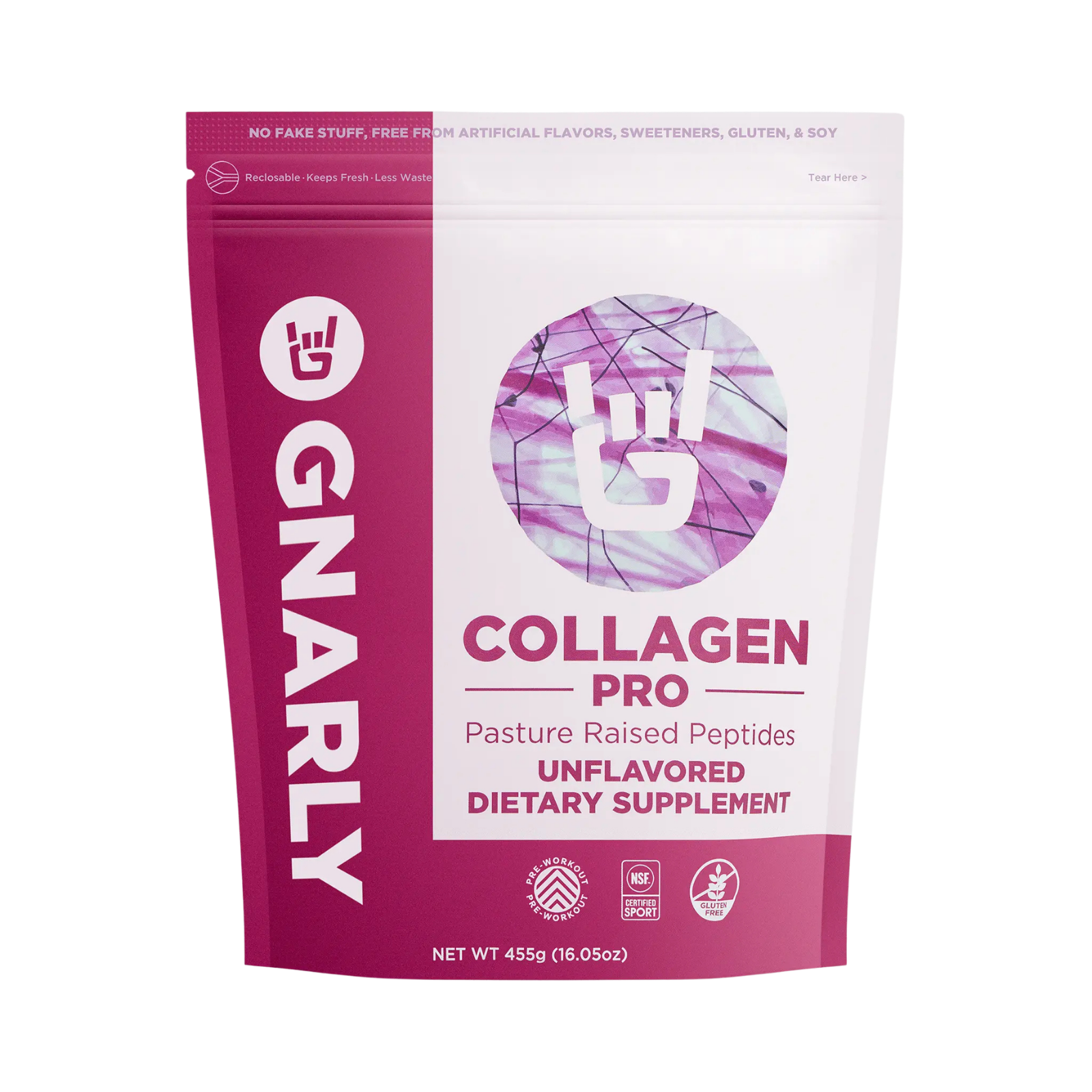 Gnarly Collagen Pro Unflavored Dietary Supplement in a pink and white pouch.