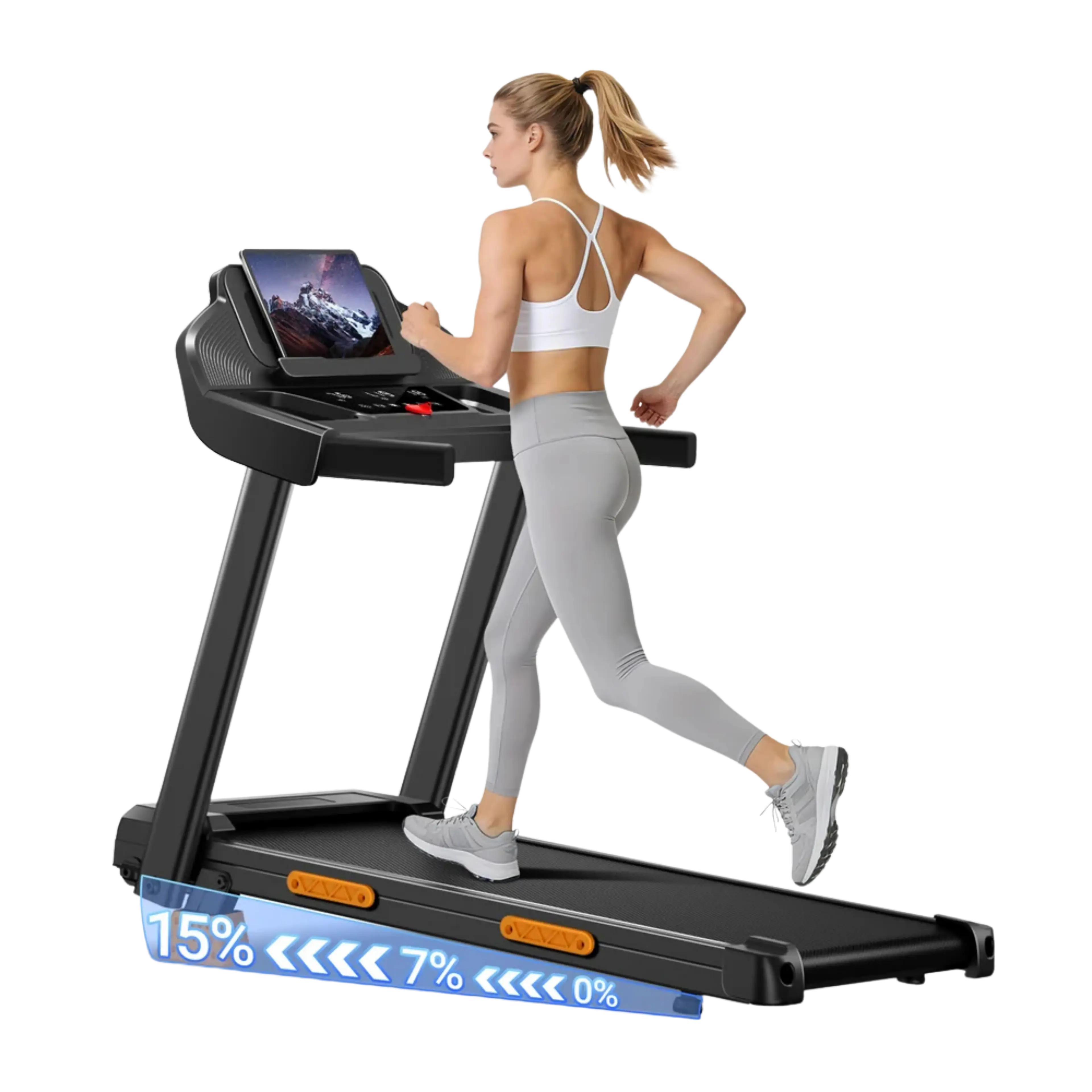 A woman runs on a treadmill with a tablet on the console showing a mountain view, and a graphic highlighting incline percentages from 0% to 15%.