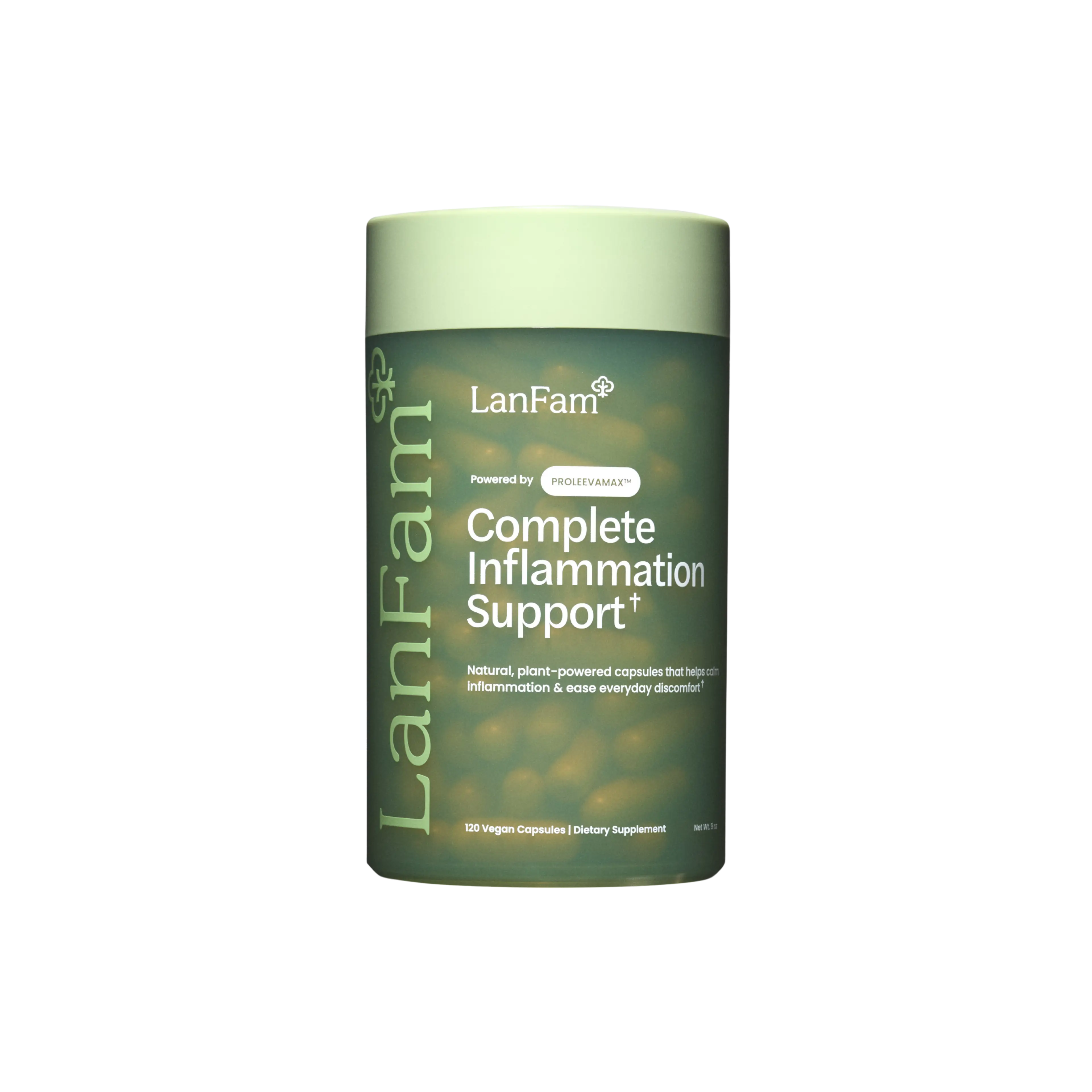 Green bottle of LanFam Complete Inflammation Support dietary supplement capsules.