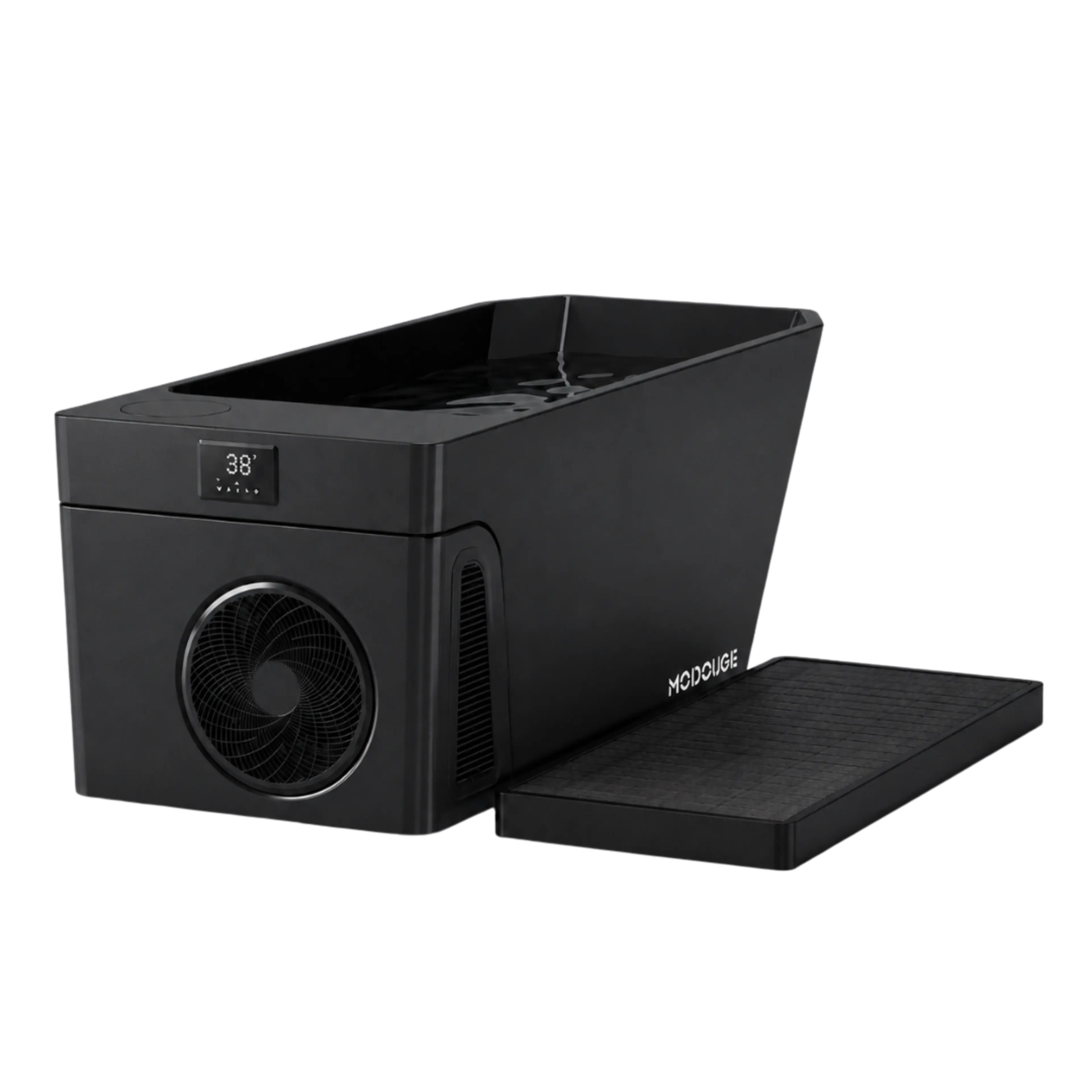 Black portable cold plunge tub with a digital display, front fan, and a textured mat.