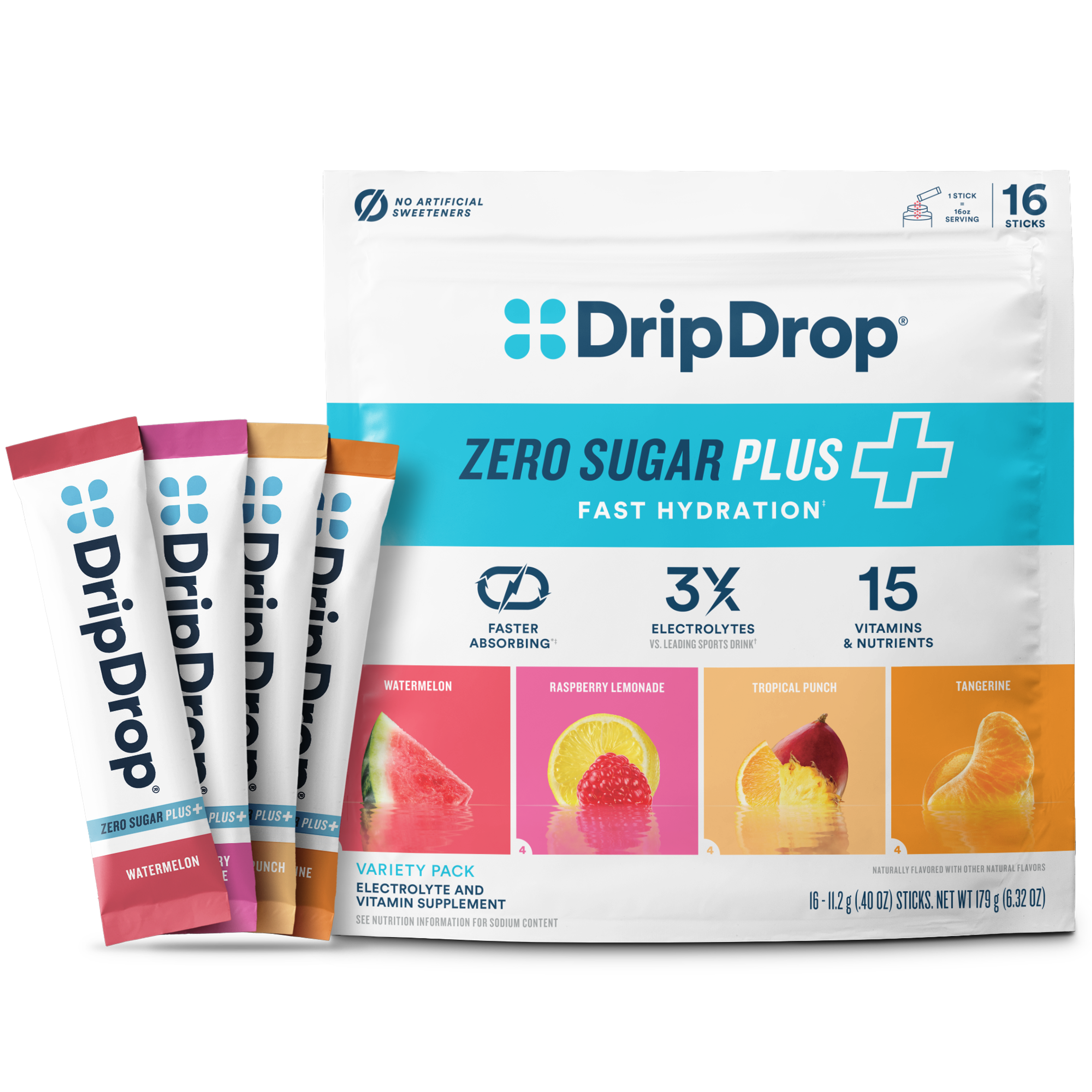 DripDrop Zero Sugar Plus Variety Pack, 16 oz sticks, 16 count
