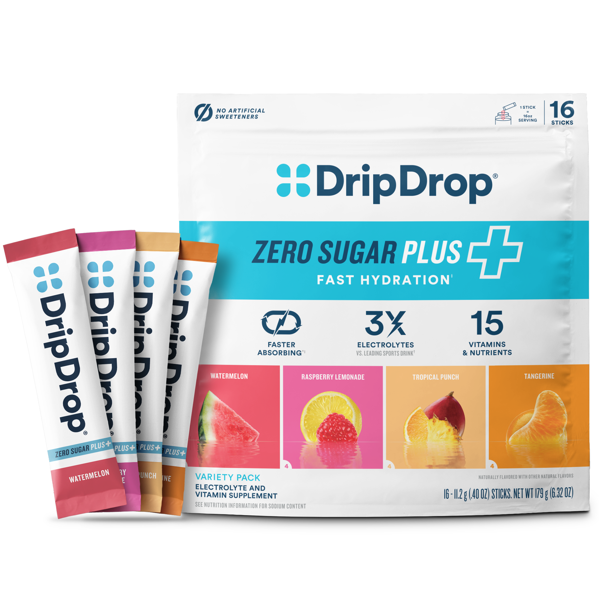DripDrop Zero Sugar Plus Variety Pack, 16 oz sticks, 16 count