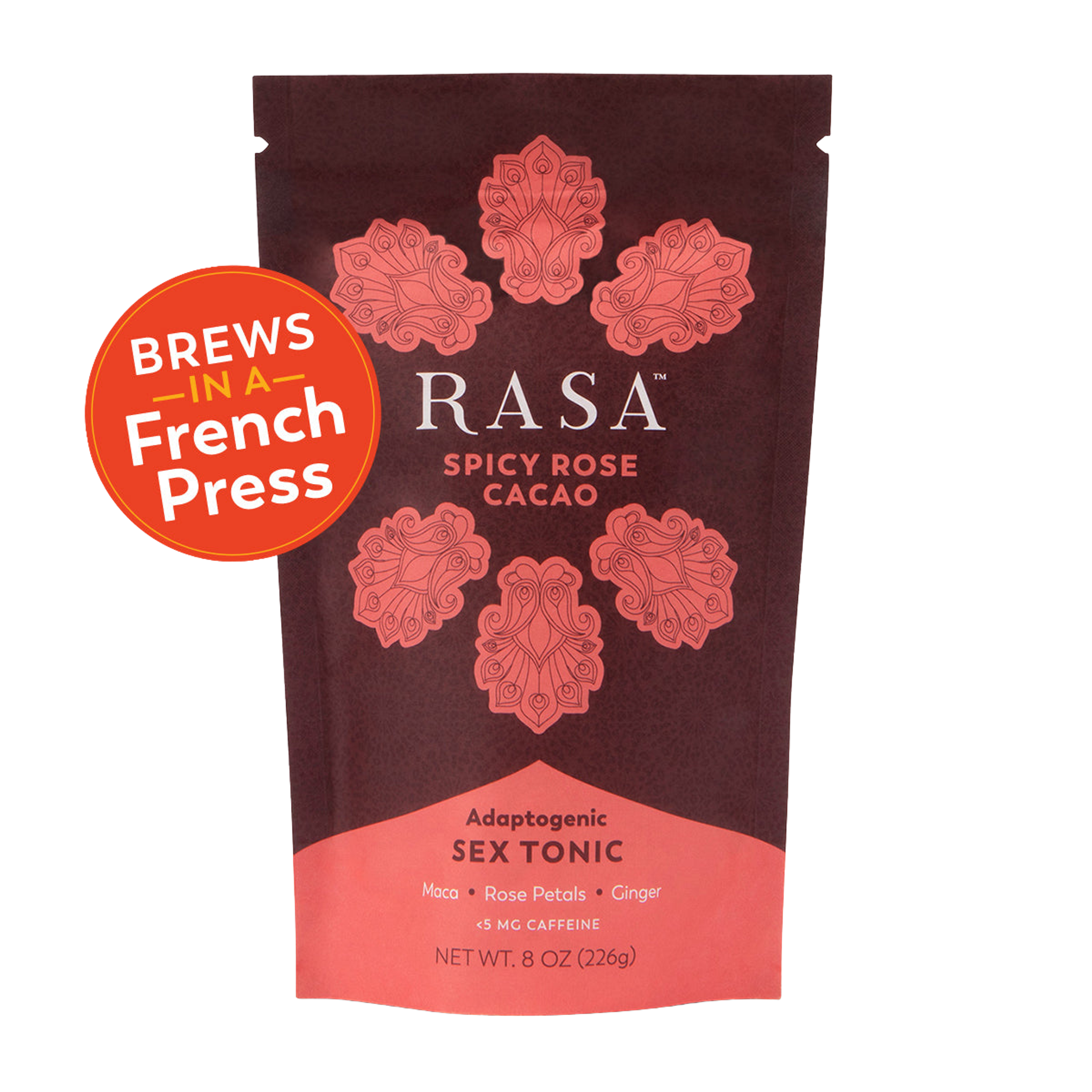 A dark reddish-brown pouch of Rasa Spicy Rose Cacao Adaptogenic Sex Tonic with an orange circle sticker saying "Brews in a French Press".