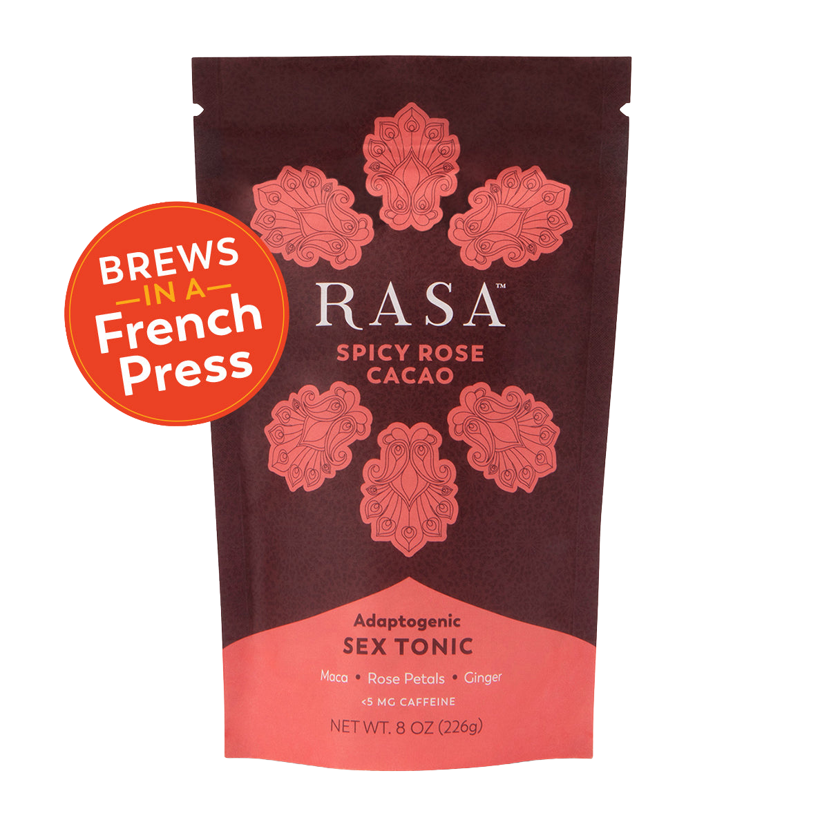 A dark reddish-brown pouch of Rasa Spicy Rose Cacao Adaptogenic Sex Tonic with an orange circle sticker saying "Brews in a French Press".