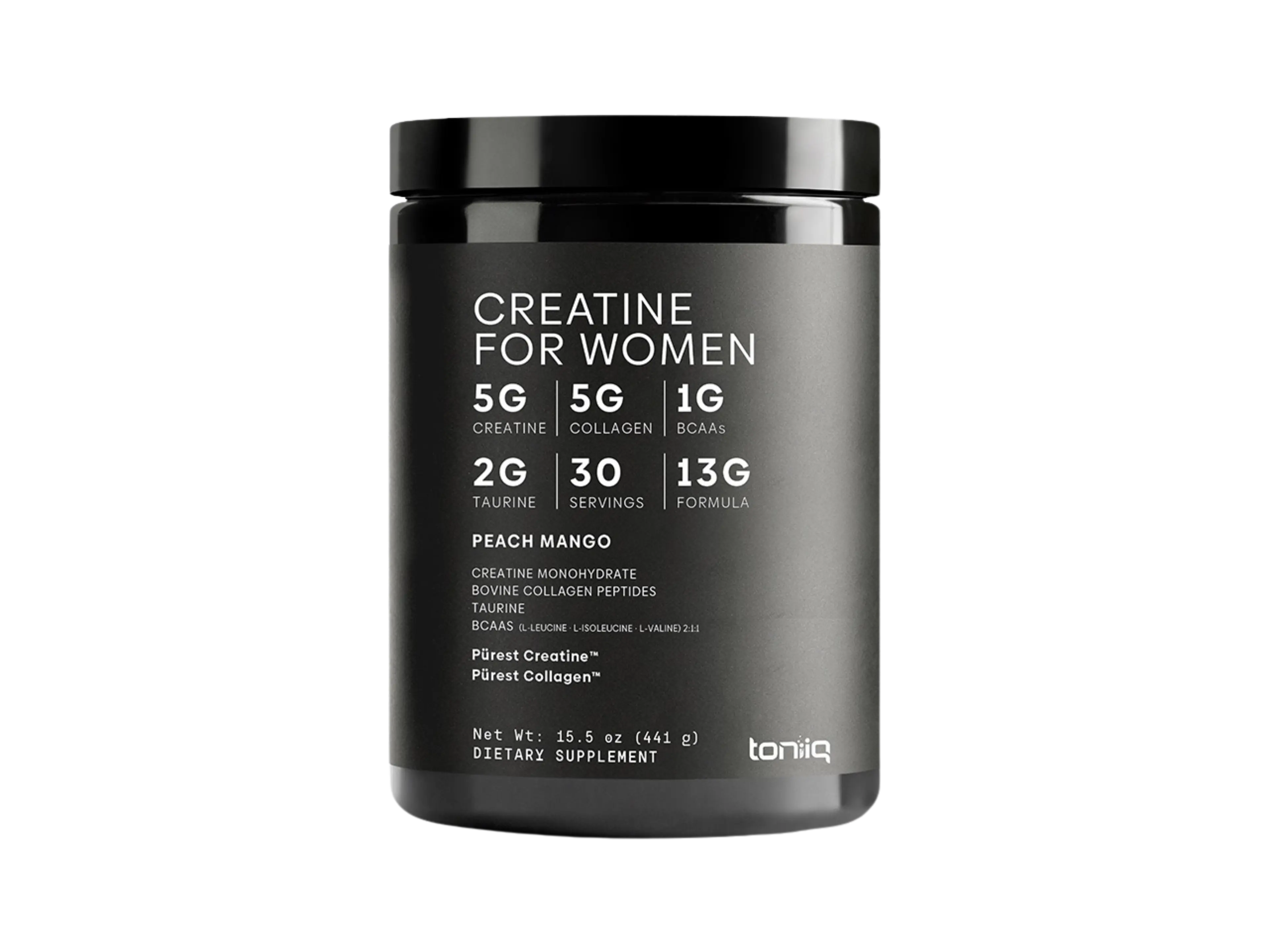 Toniiq Creatine for Women Peach Mango dietary supplement with 5G Creatine, 5G Collagen, and 30 servings.