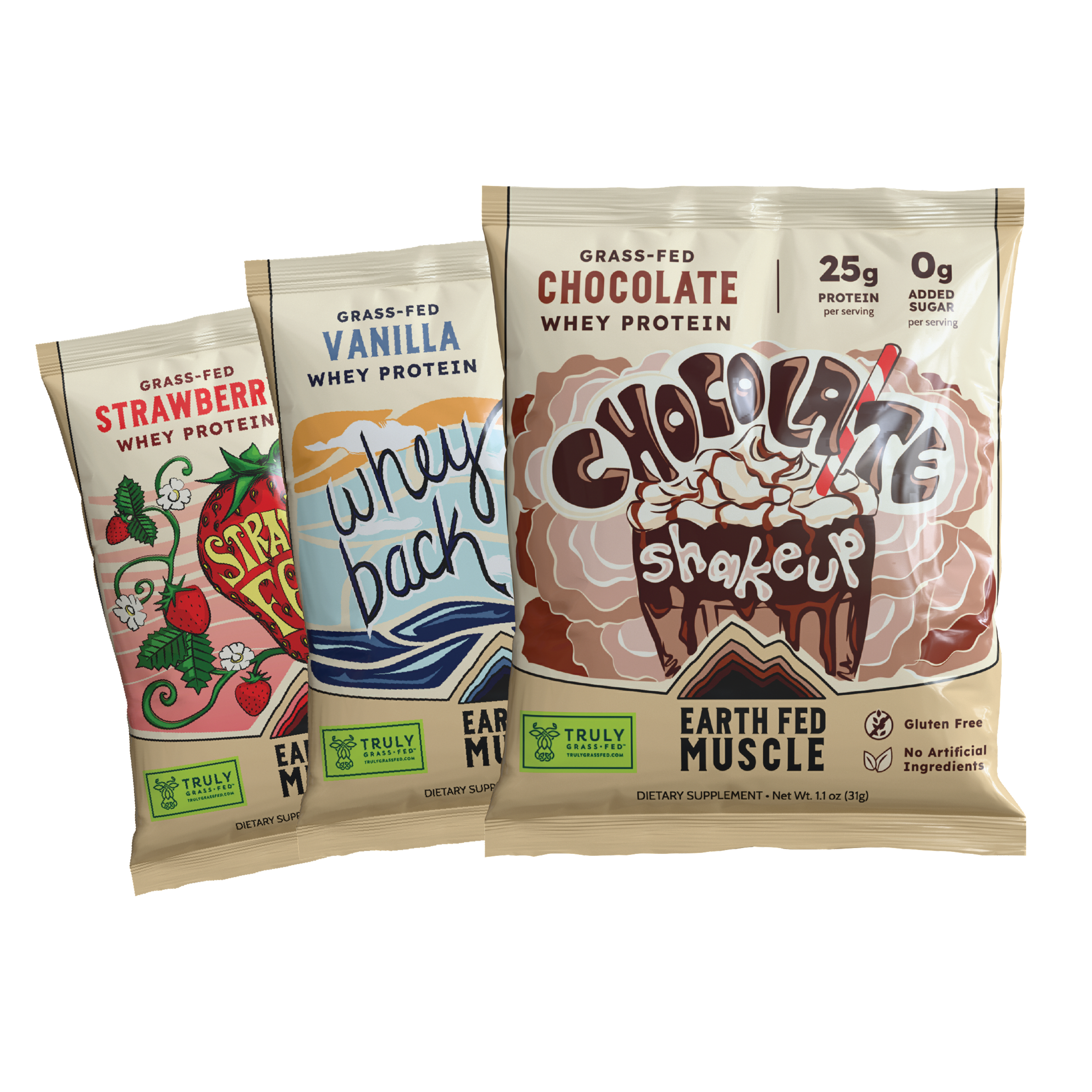 Three single-serve packets of Neapolitan whey protein flavors