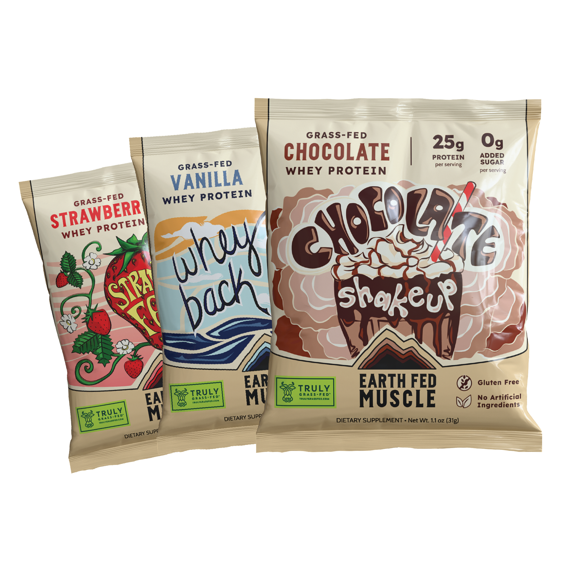 Three single-serve packets of Neapolitan whey protein flavors