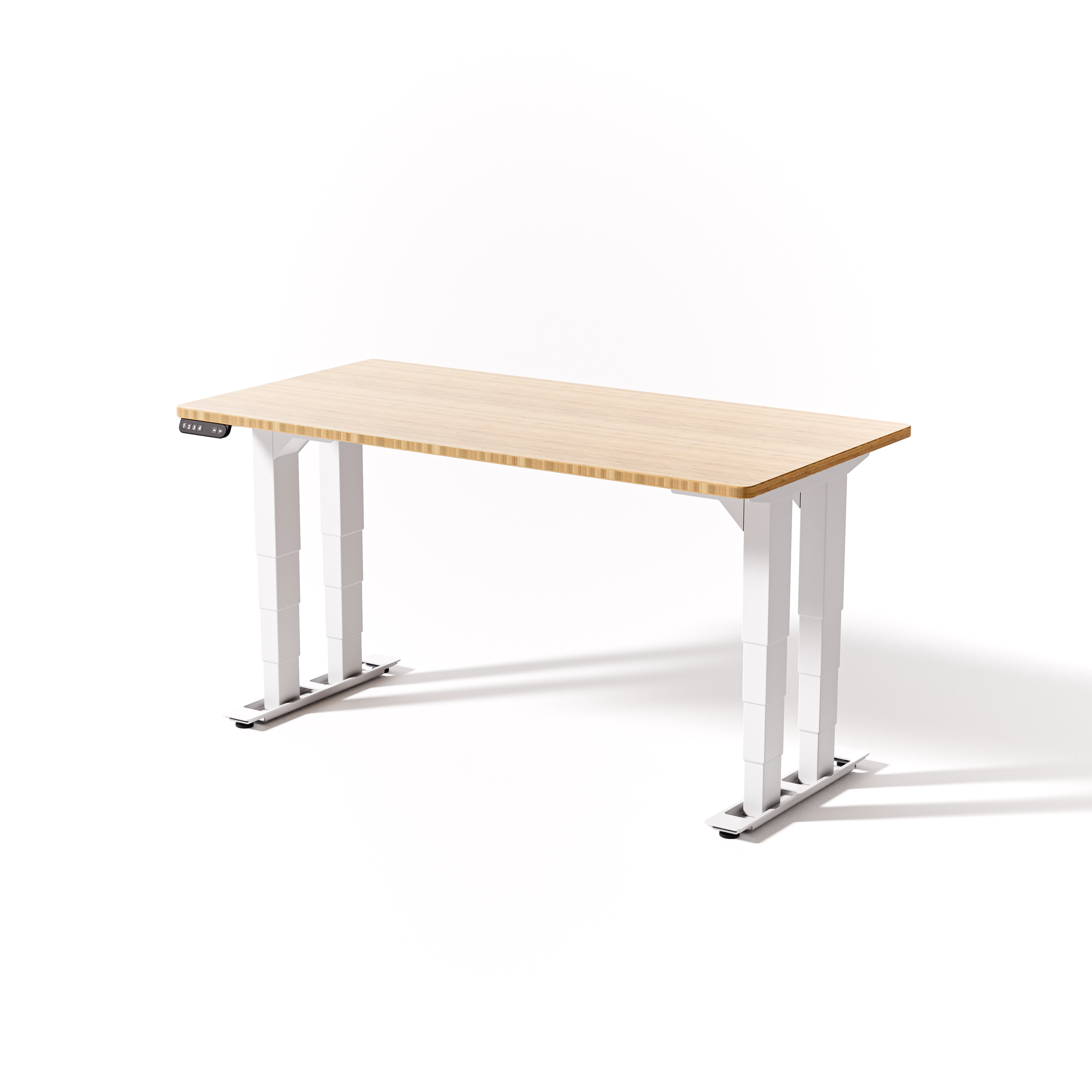 Black four-leg desk with bamboo top, extended height