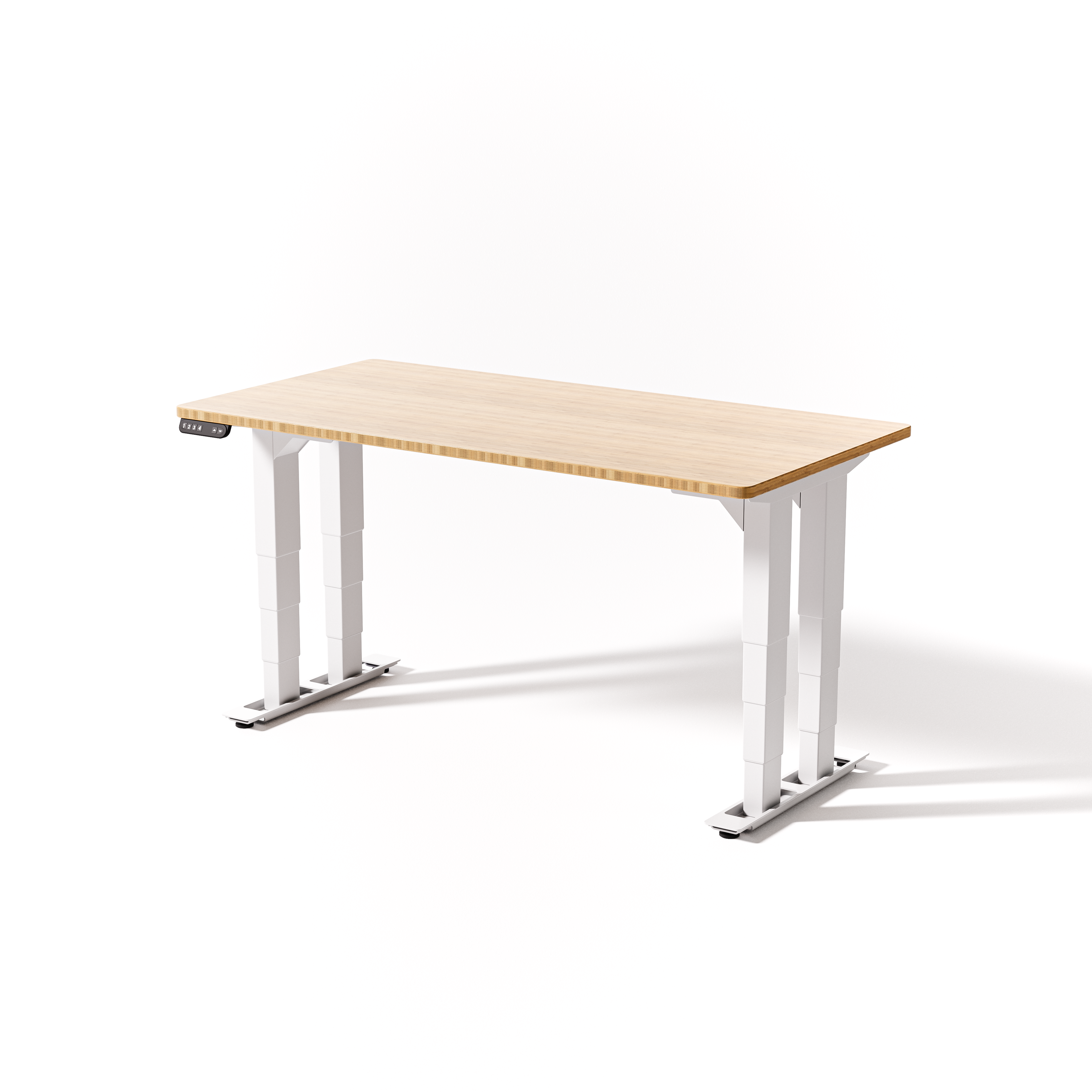 Black four-leg desk with bamboo top, extended height