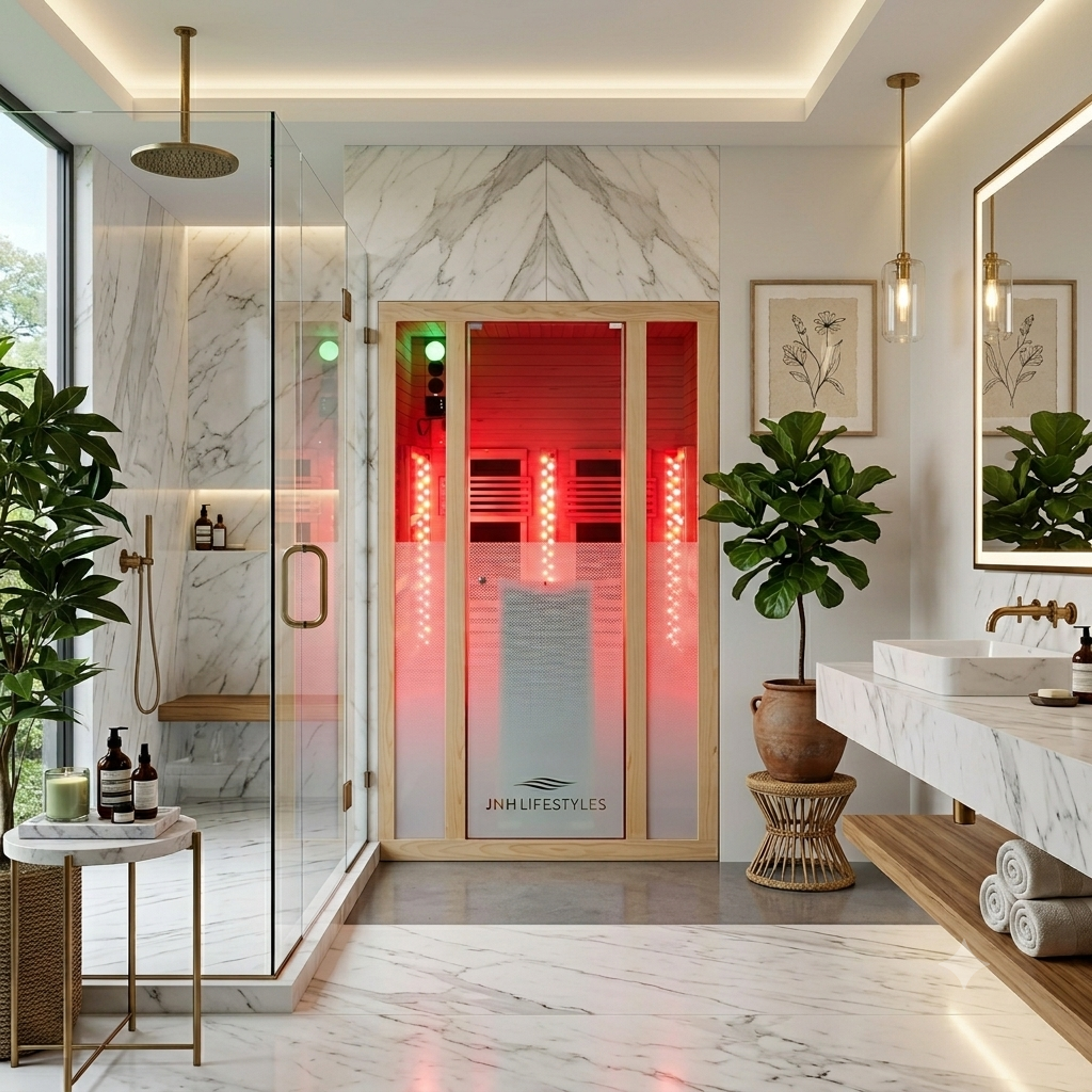 A modern, spa-like bathroom featuring a glass walk-in shower, a red light therapy sauna, and a marble vanity.