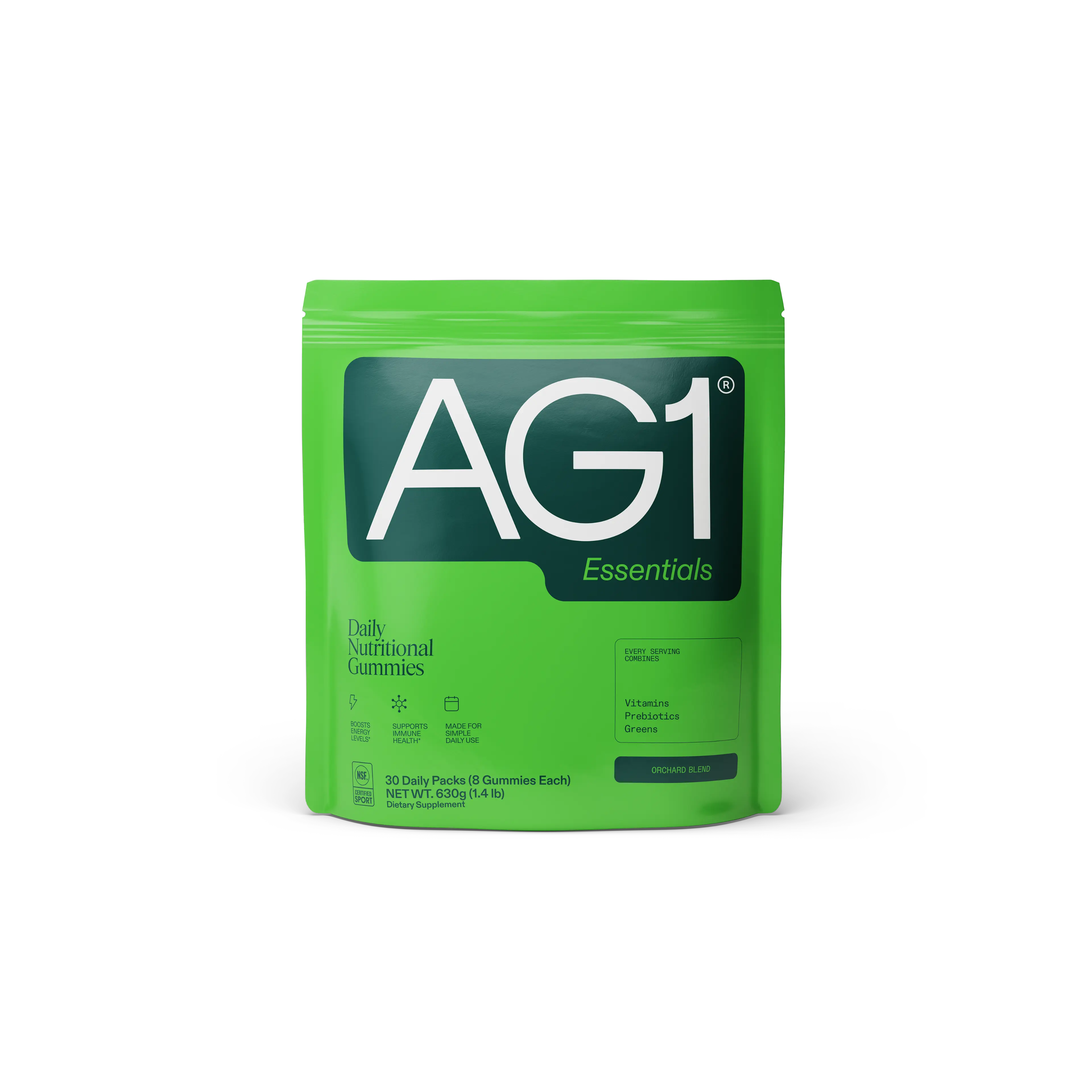 A green pouch of AG1 Essentials Daily Nutritional Gummies.