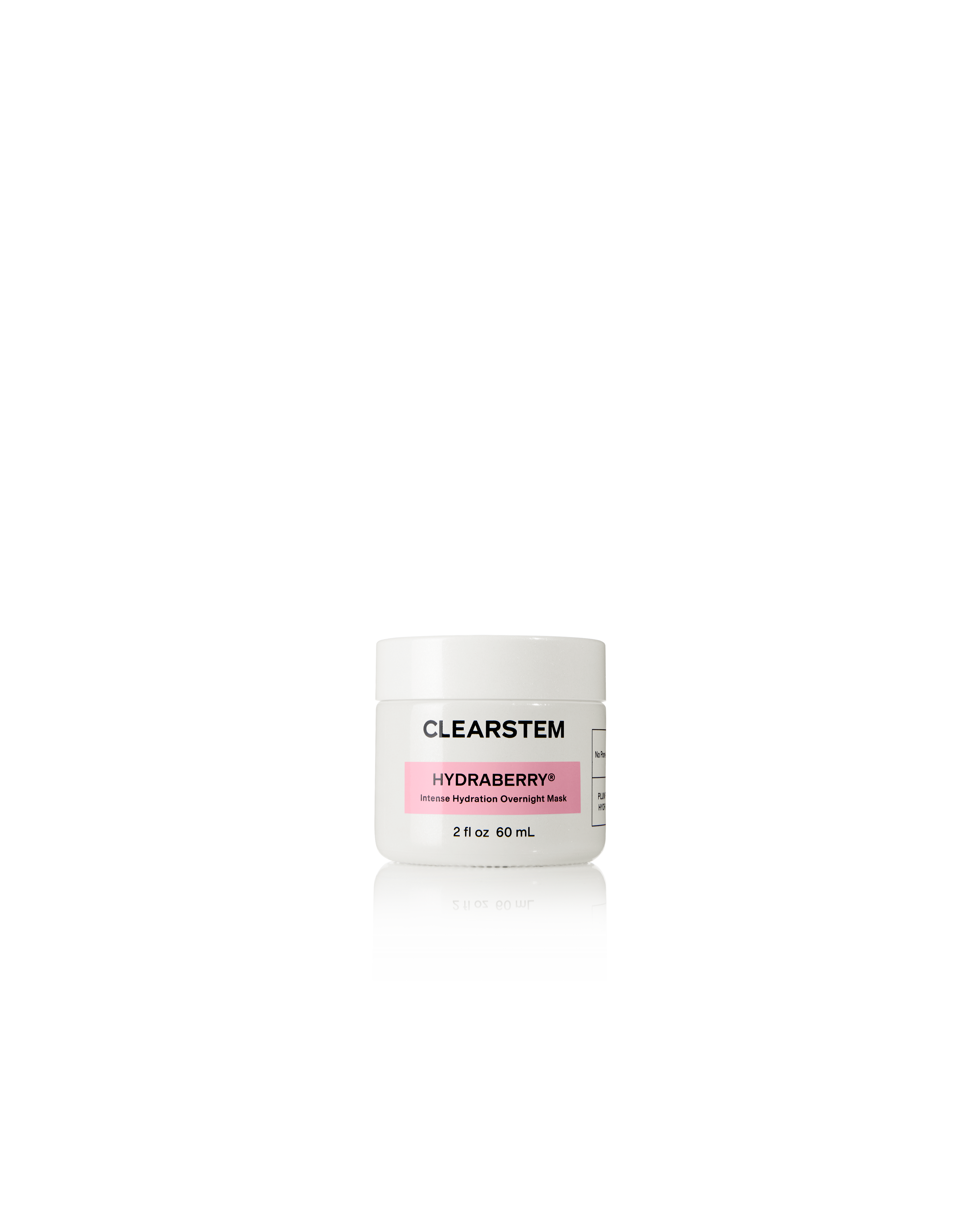 A white jar of CLEARSTEM Hydraberry Intense Hydration Overnight Mask, 2 fl oz.
