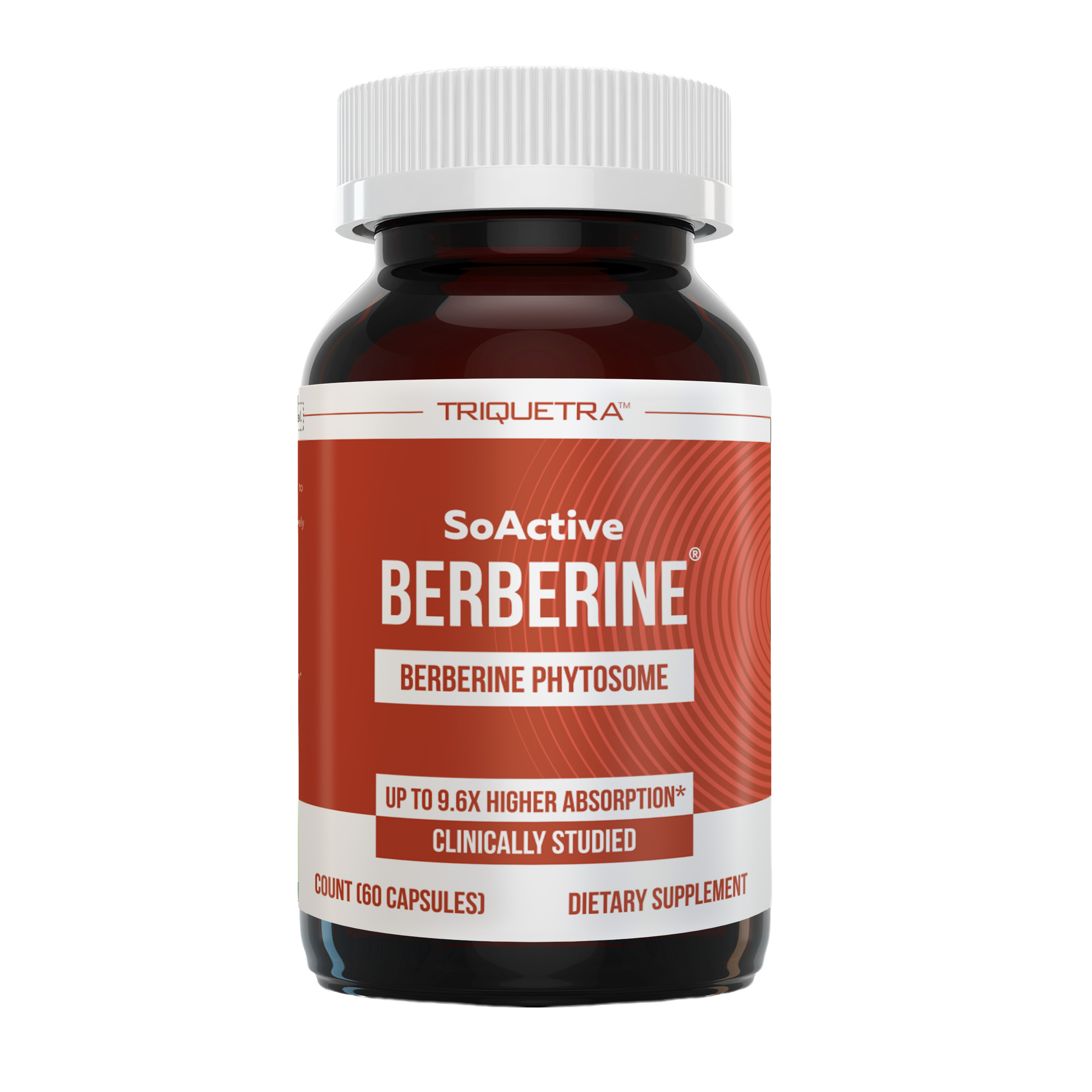 A Triquetra Berberine dietary supplement bottle with a red label, featuring "Up to 9.6x higher absorption".