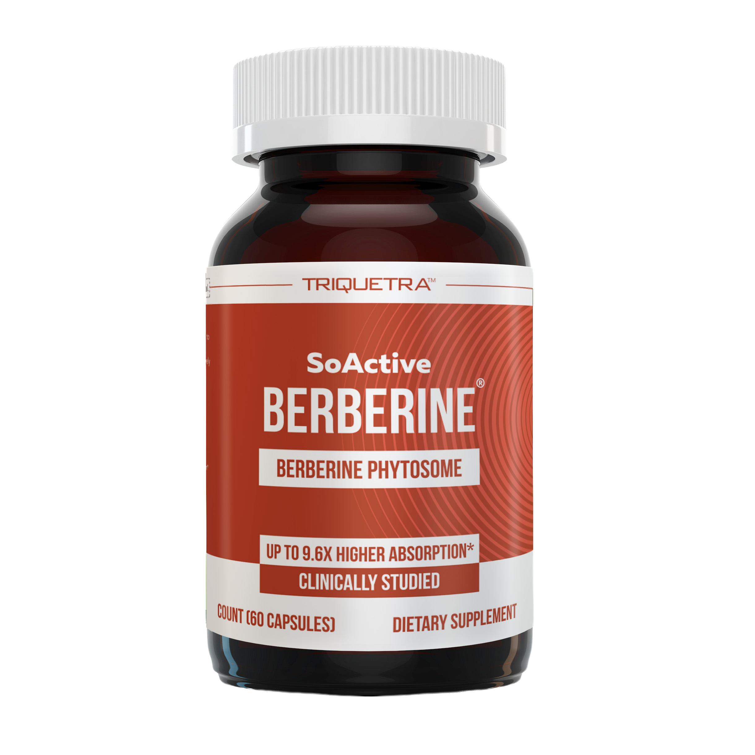 A Triquetra Berberine dietary supplement bottle with a red label, featuring "Up to 9.6x higher absorption".