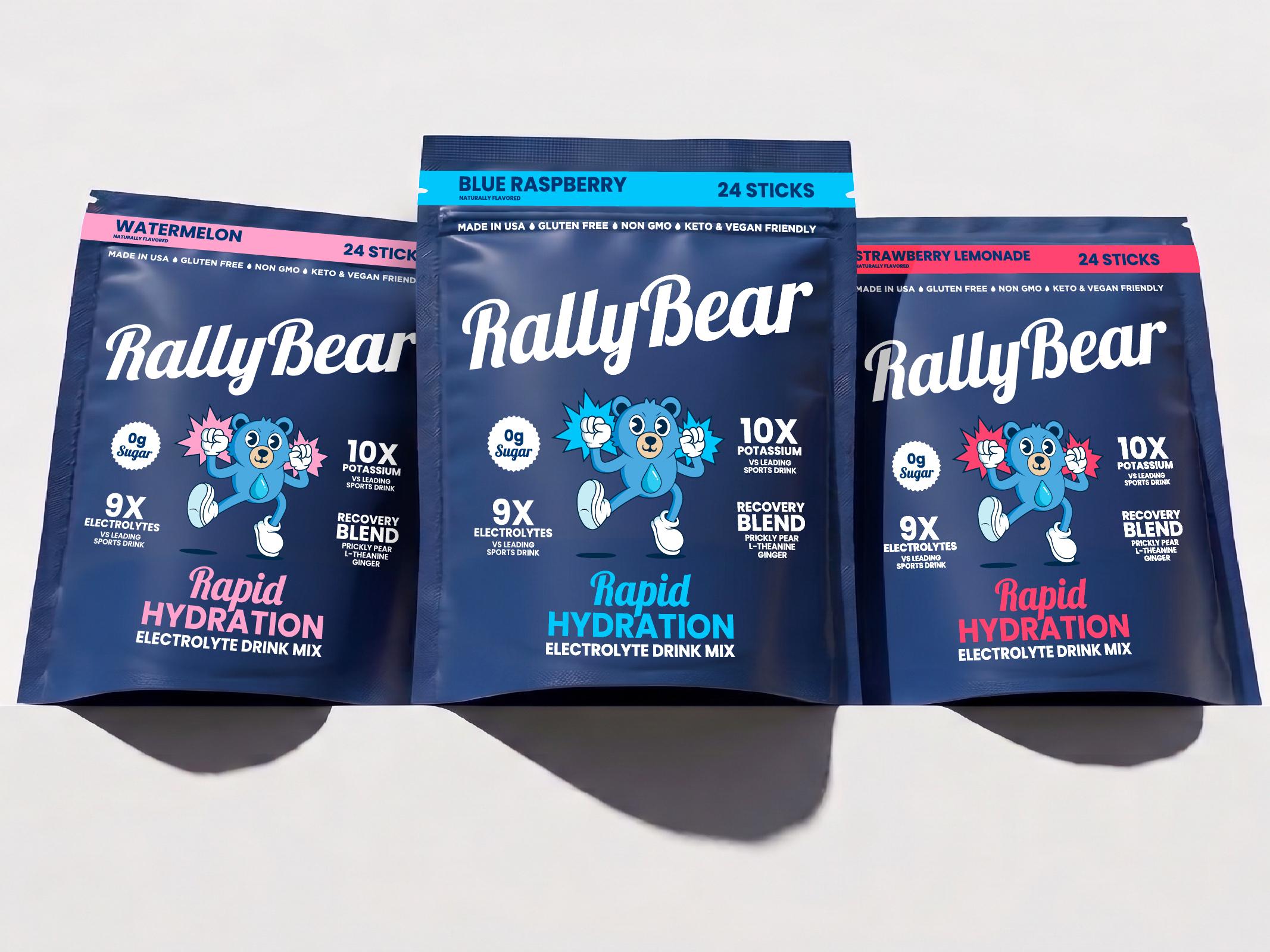 Three pouches of RallyBear Rapid Hydration Electrolyte Drink Mix in Watermelon, Blue Raspberry, and Strawberry Lemonade flavors.