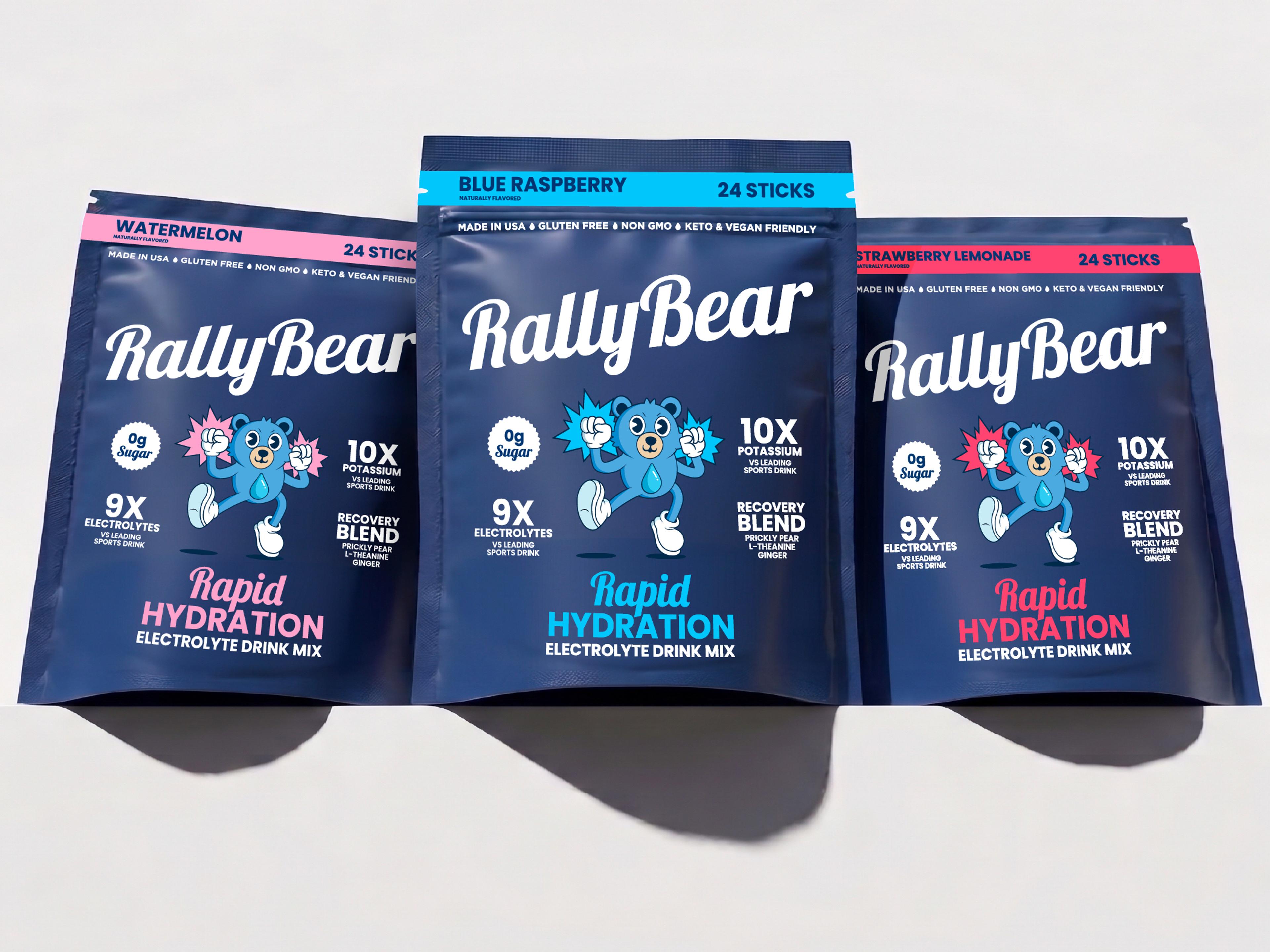 Three pouches of RallyBear Rapid Hydration Electrolyte Drink Mix in Watermelon, Blue Raspberry, and Strawberry Lemonade flavors.