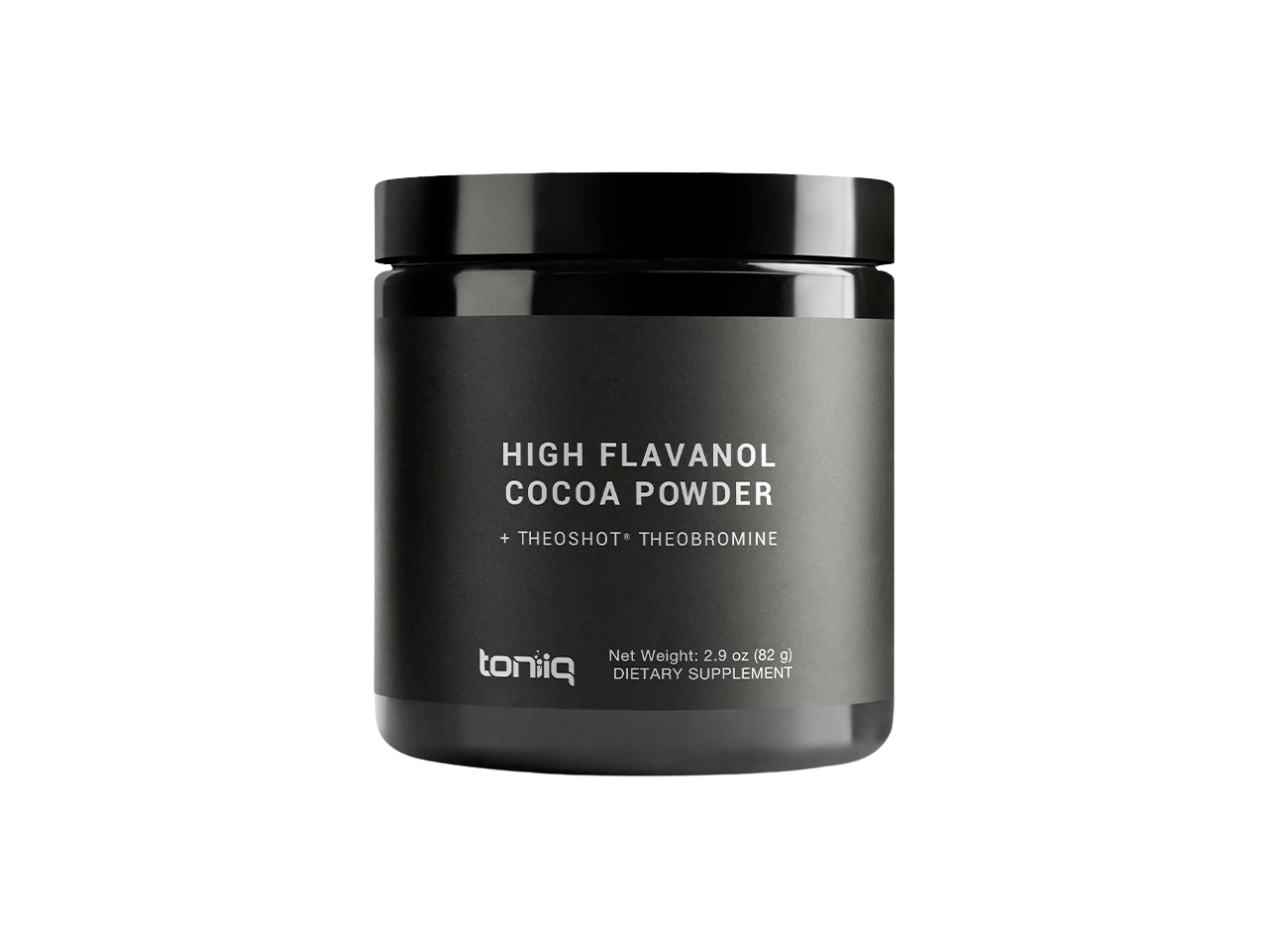 Black jar of Toniiq High Flavanol Cocoa Powder + Theoshot Theobromine.