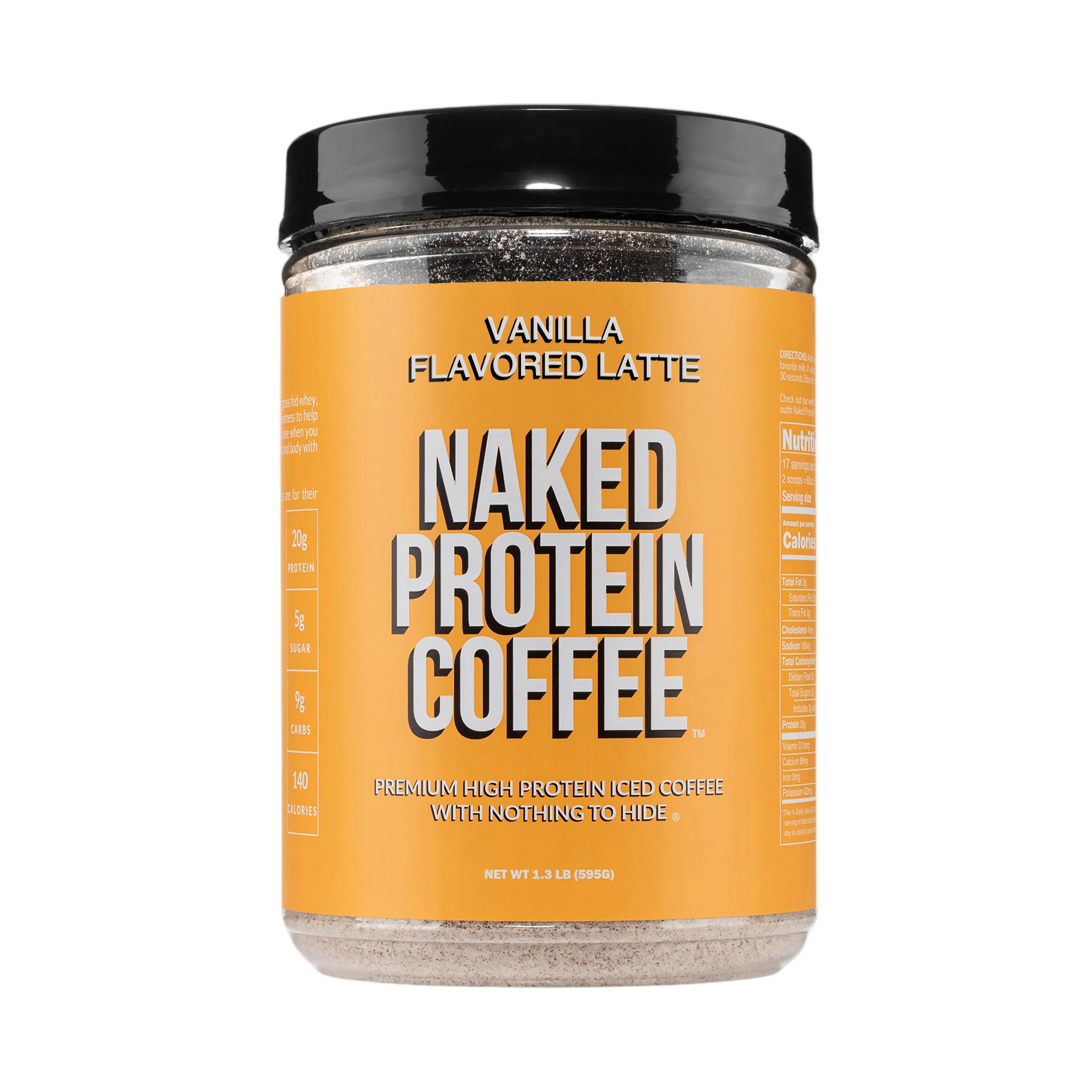 Vanilla protein coffee powder container, GMO-free, gluten-free label