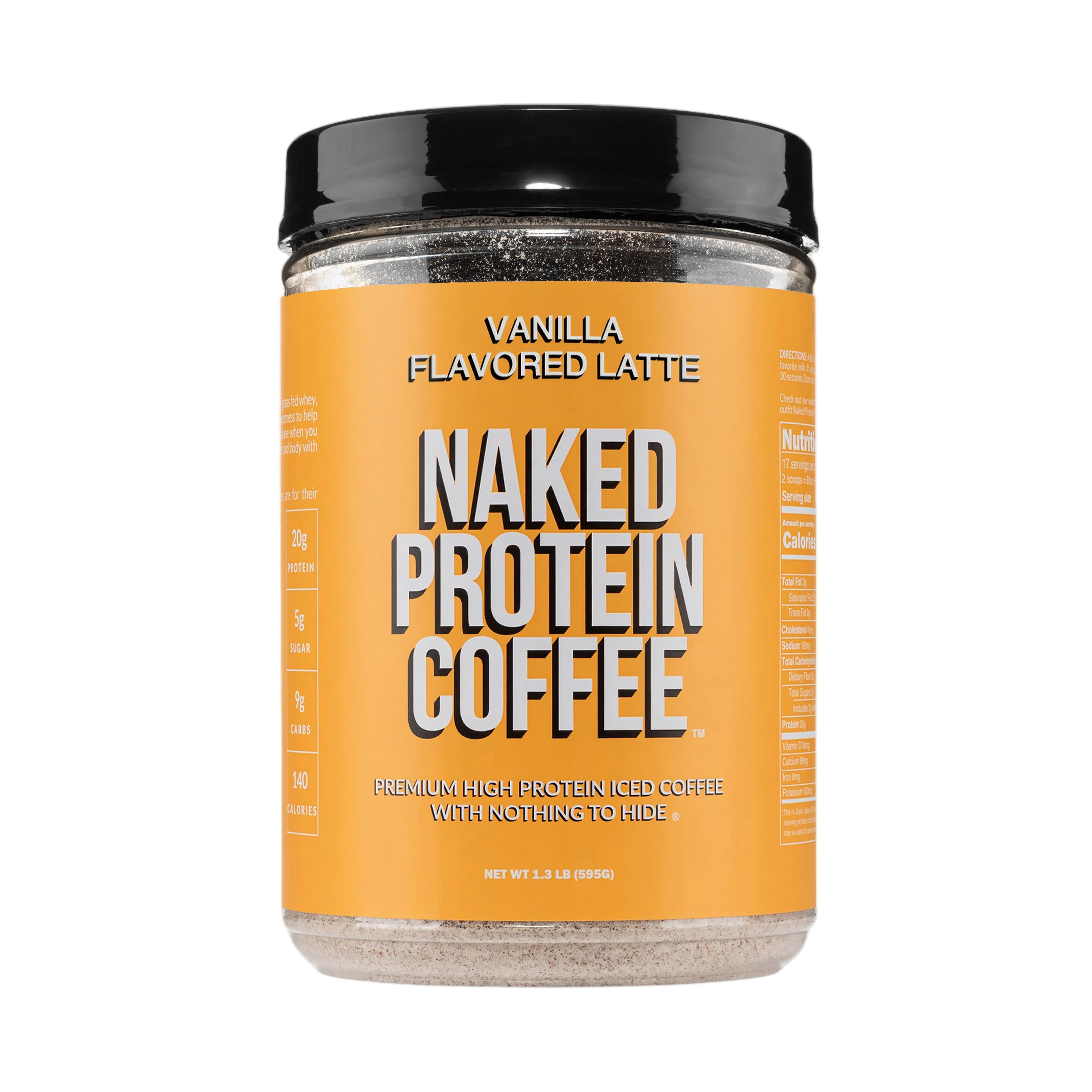 Vanilla protein coffee powder container, GMO-free, gluten-free label