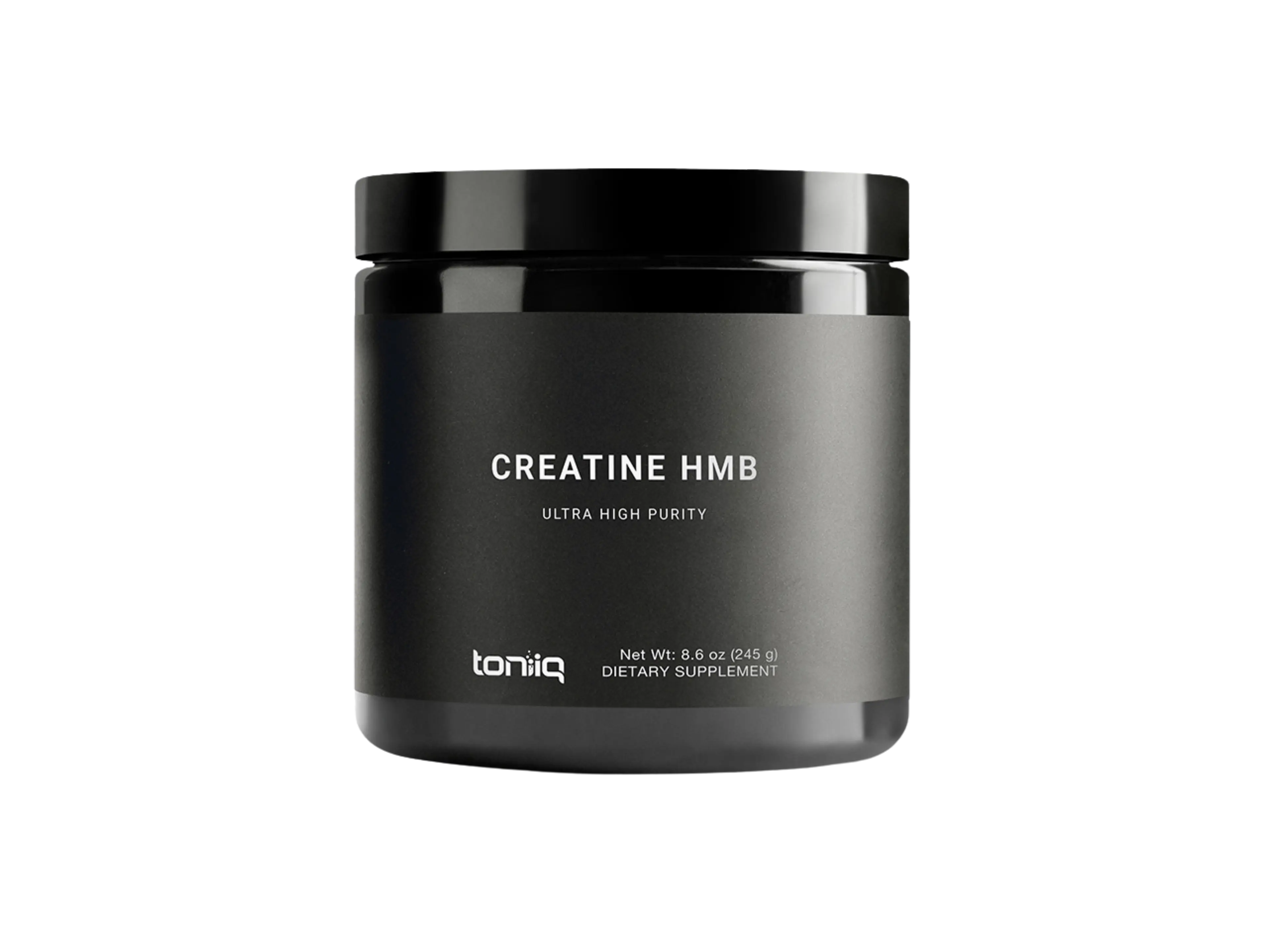Black container of Toniiq Creatine HMB Ultra High Purity dietary supplement.