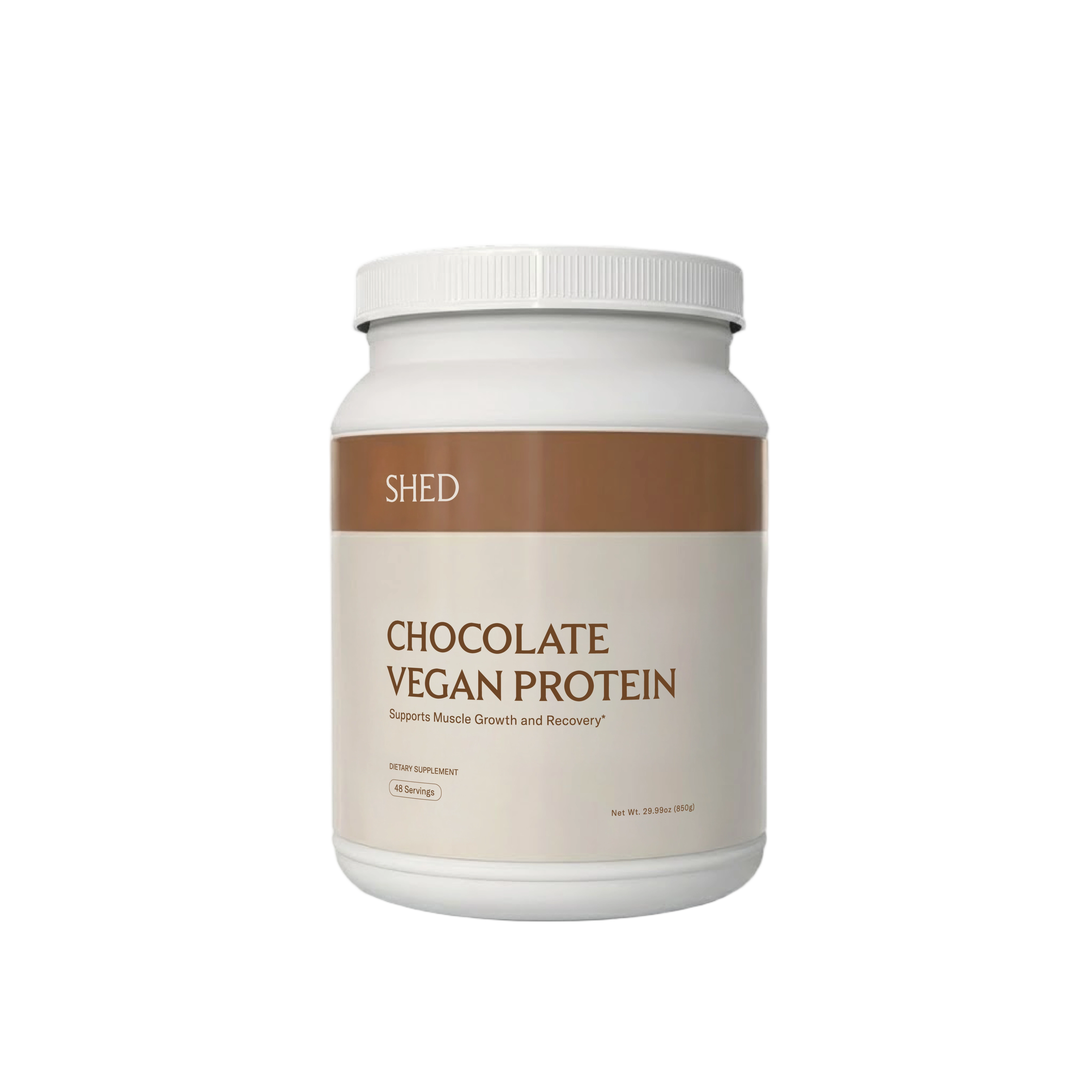 Container of Shed Vegan Chocolate Protein powder