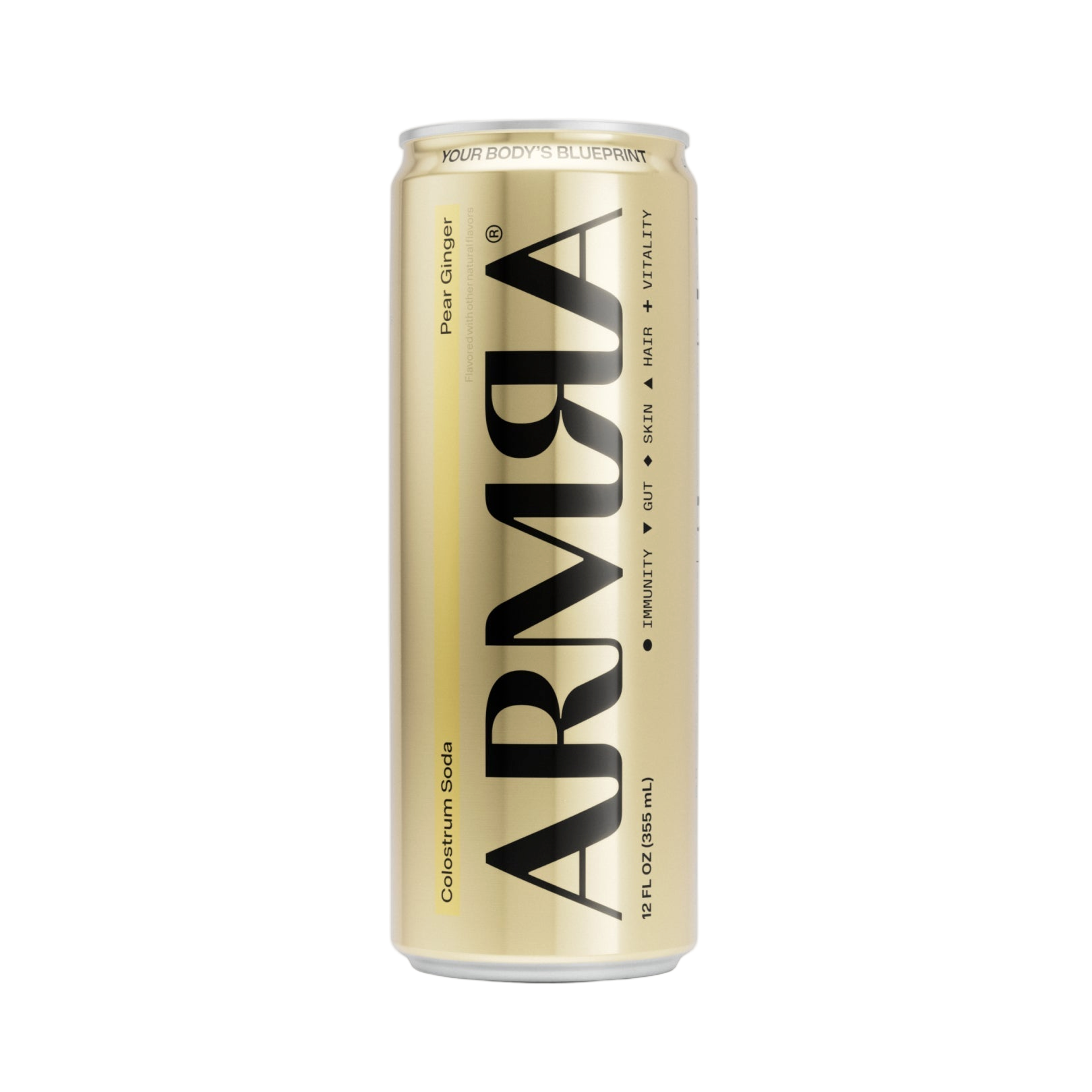 Twelve-pack box of ARMRA Colostrum Soda Pear Ginger
