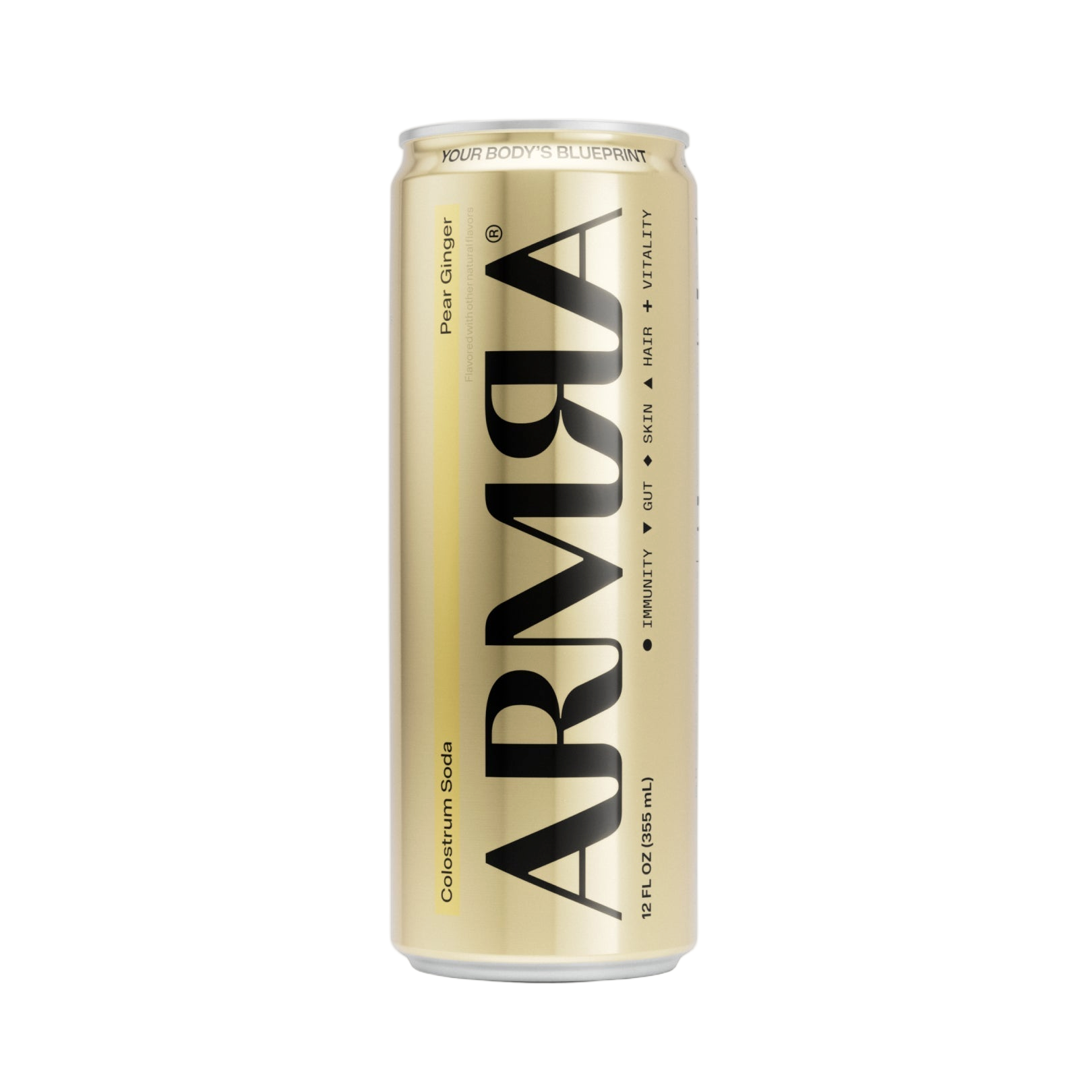 Twelve-pack box of ARMRA Colostrum Soda Pear Ginger