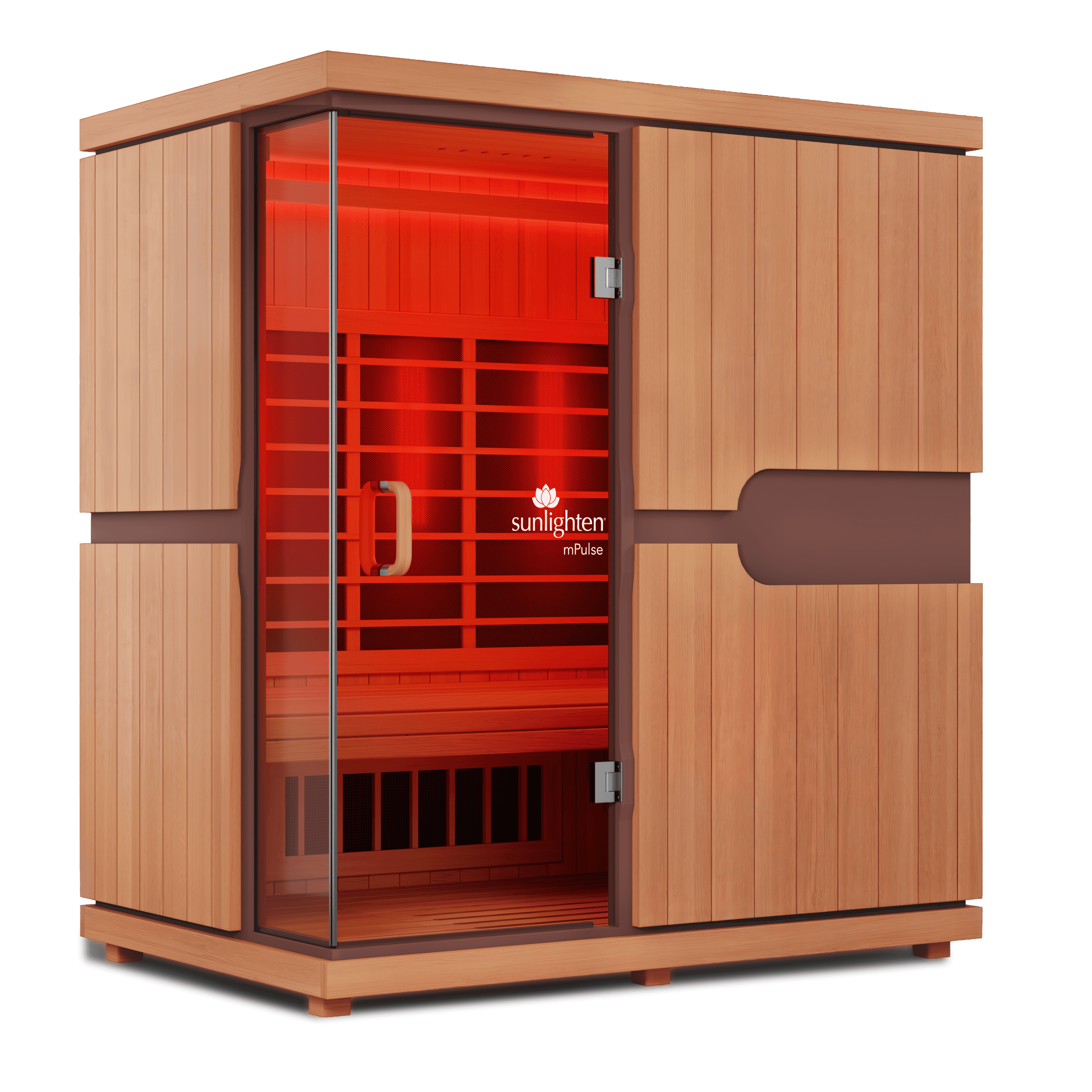Sunlighten mPulse infrared sauna made of light wood with a glass door, illuminated with a red glow inside.