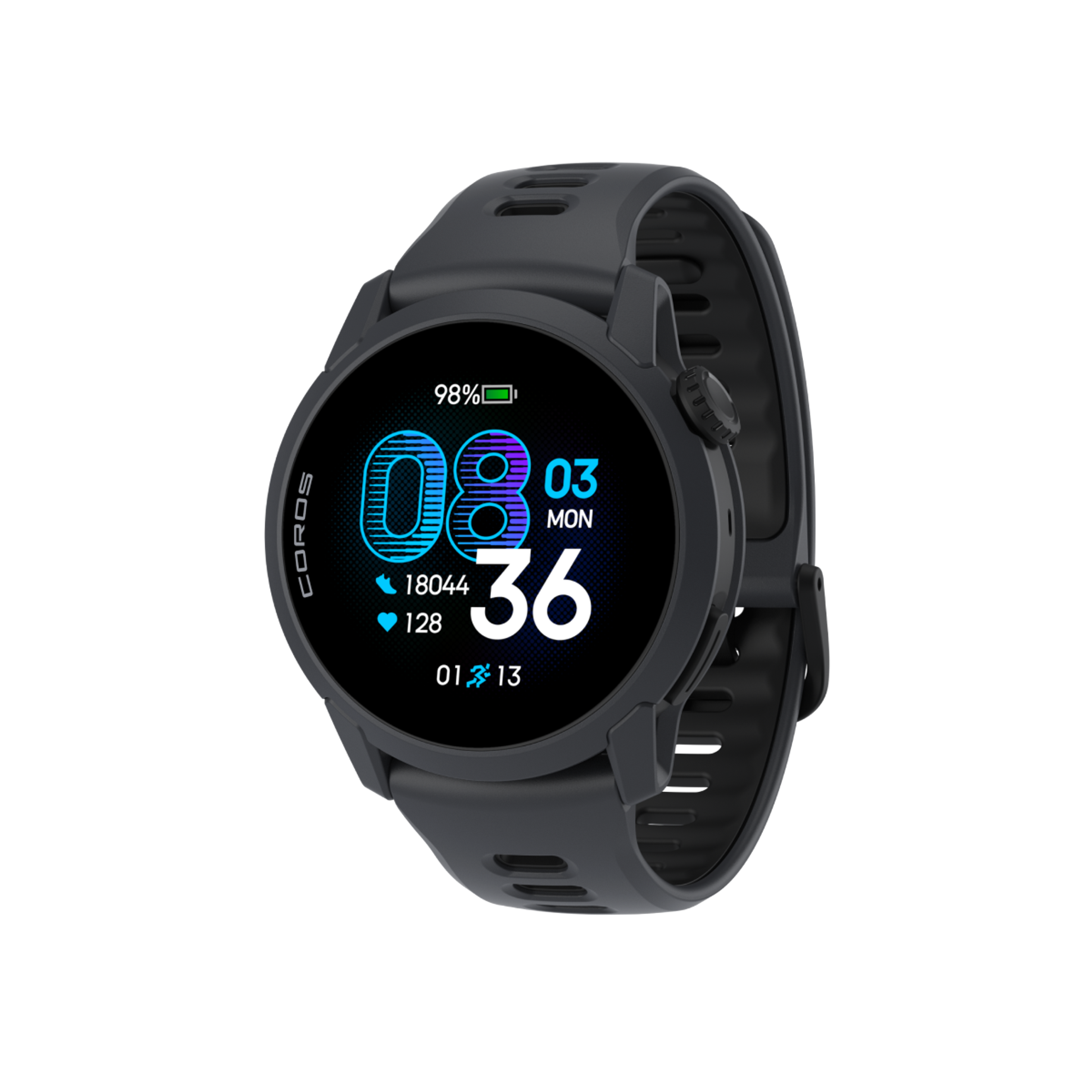 Front three-quarter view of the COROS PACE 4 GPS Watch Black Watch Body with Black Silicone Band