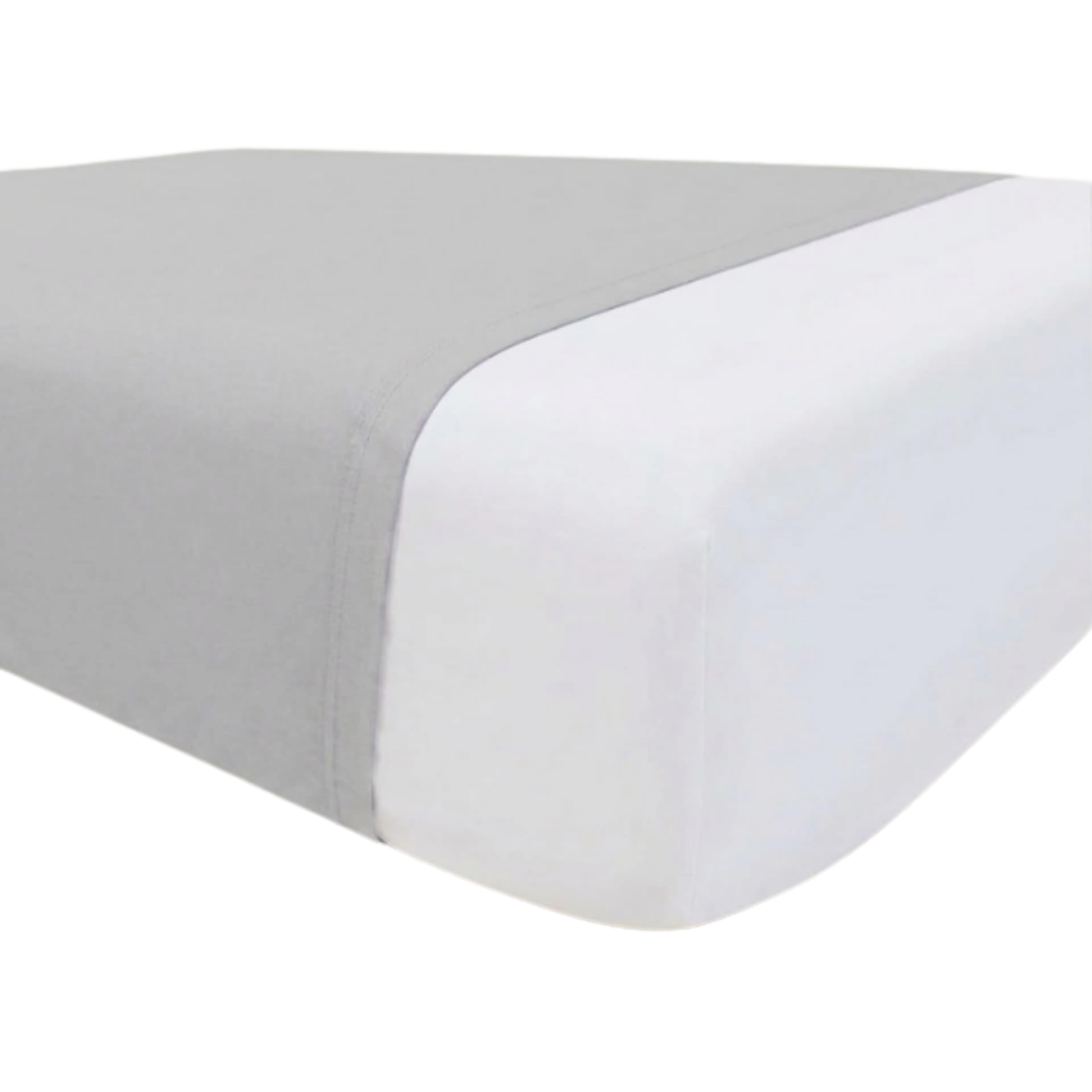 White fitted sheet with a grey flat sheet folded over.