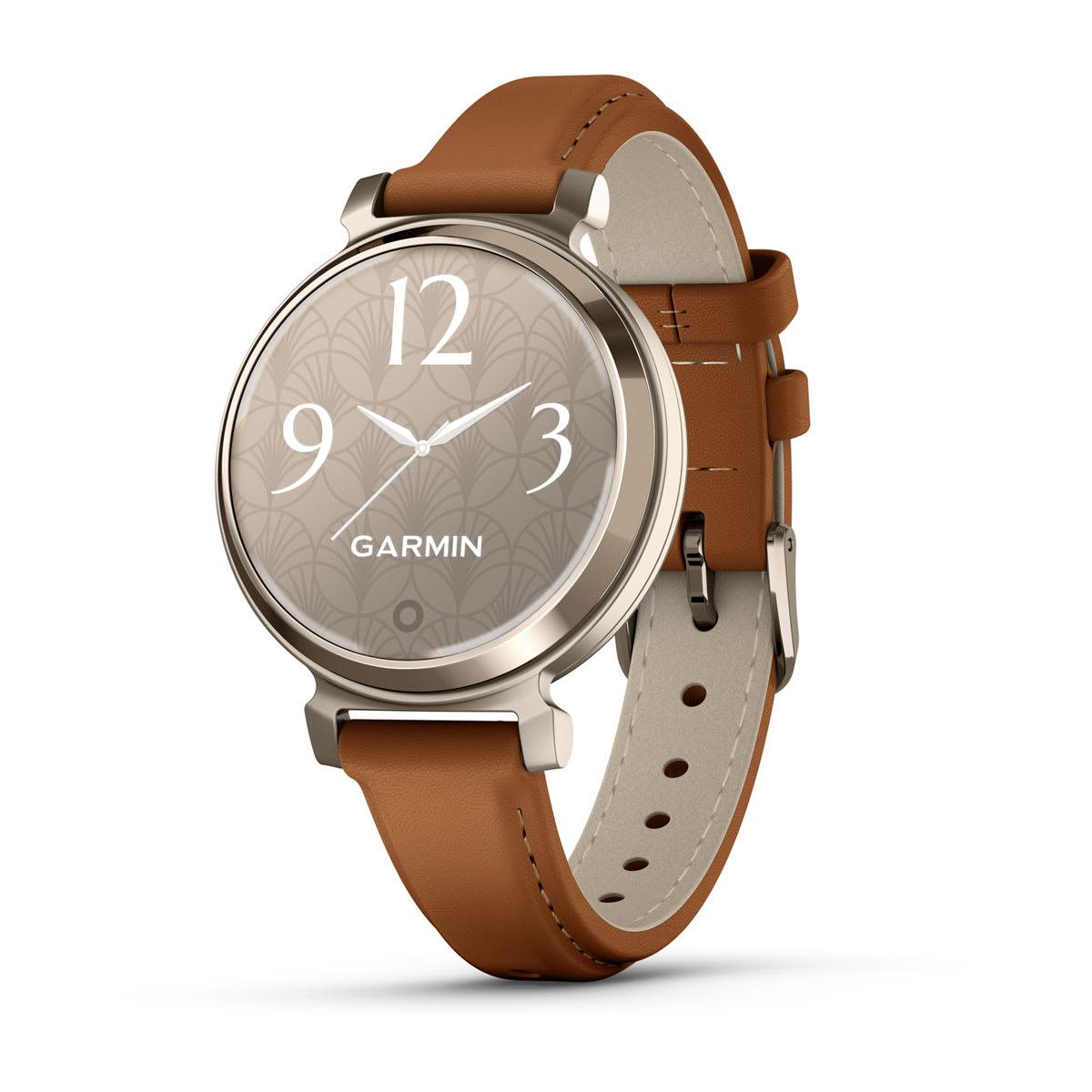 Garmin Lily 2 Classic Smartwatch in Cream Gold with Tan Leather Band